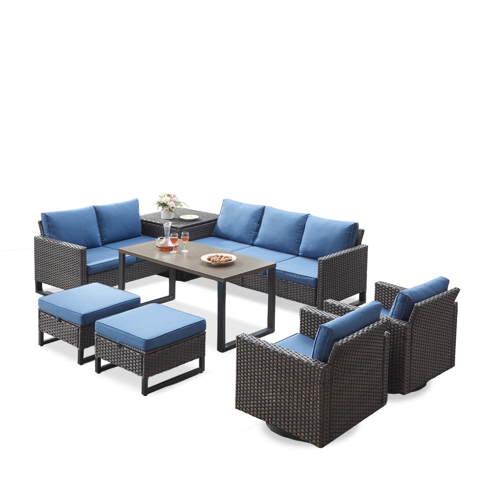 Rilyson FS48150154122192-1 9 -Piece Wicker 2 Patio Sofa Conversation Set with Blue Cushions