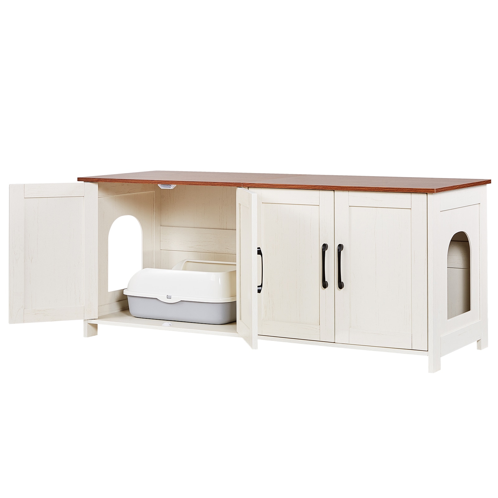 GIVIMO 47.2-in Cat Litter Box Enclosure with 4 Doors and 2 Entries - Hidden Wooden Litter Box Cabinet for Multi Cats in Brown Wood Grain and White Finish