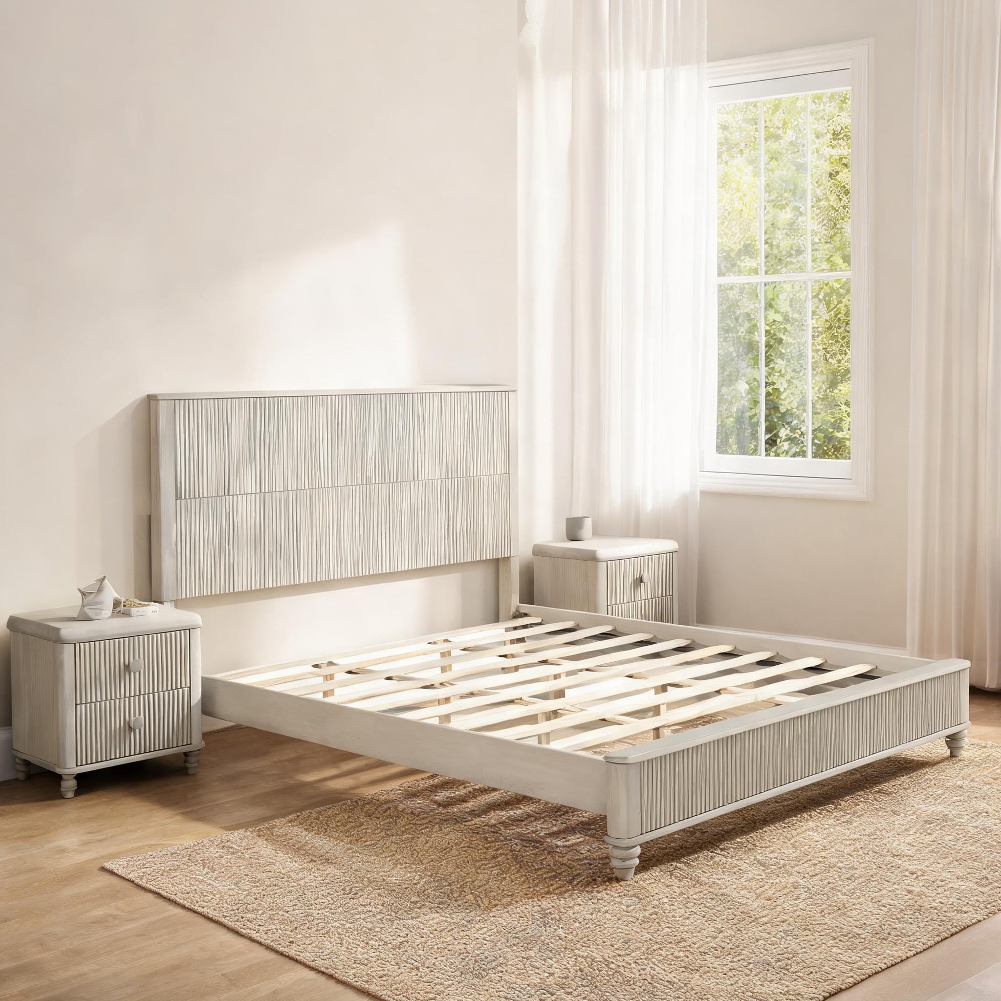 Watnature - Solid Wood and MDF King Bedroom Set with 2 Nightstands Soft Beige Fluted Panel Style