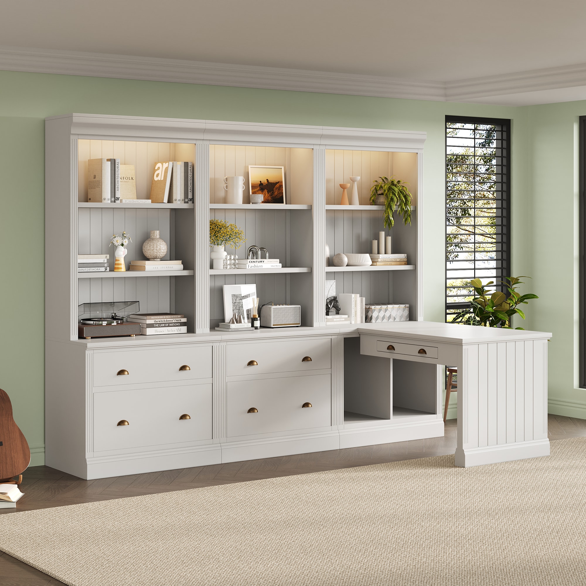 LOVMOR SF-Y-N751S059480K 83.4in Tall 2 Bookshelf and 1 Writting Desk Suite Modern Bookcase Suite with LED Lighting DrawersStudy Desk and Open Shelves3 Piece Set Storage Bookshelf for Living Room Home OfficeStudy roomWhite
