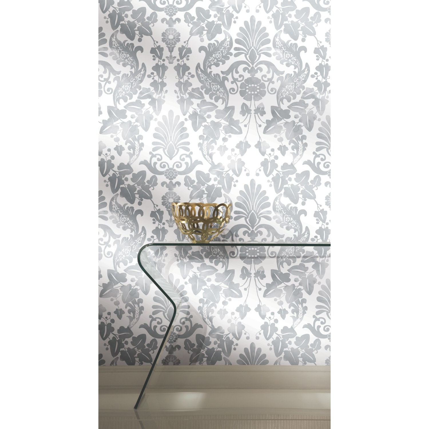 RoomMates RMK11599RL 28.29-Sq. Feet Gray Vinyl Damask Self-adhesive Peel and Stick Wallpaper