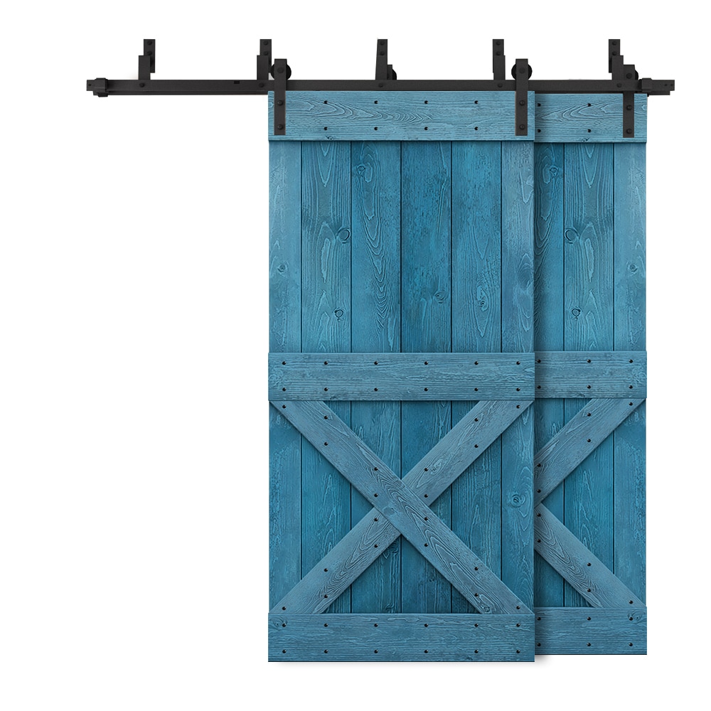 CALHOME 6BP+SMK96+(2)011-42N 42-in x 84-in Ocean Blue Knotty pine Wood Solid core Double Bypass Barn Door (Hardware Included)
