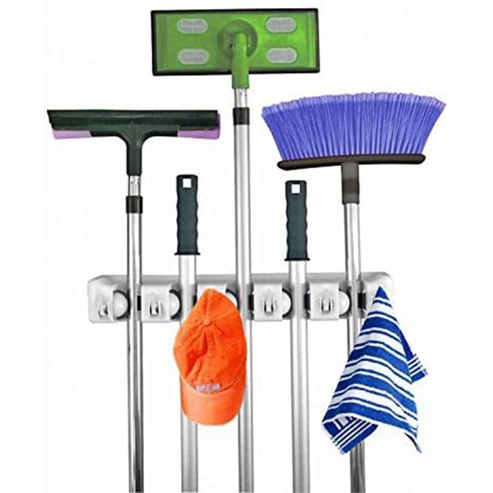 2-in-1 Wall Mounted Mop and' Broom Rack Holder Hanger Organizer with 6 Hooks 