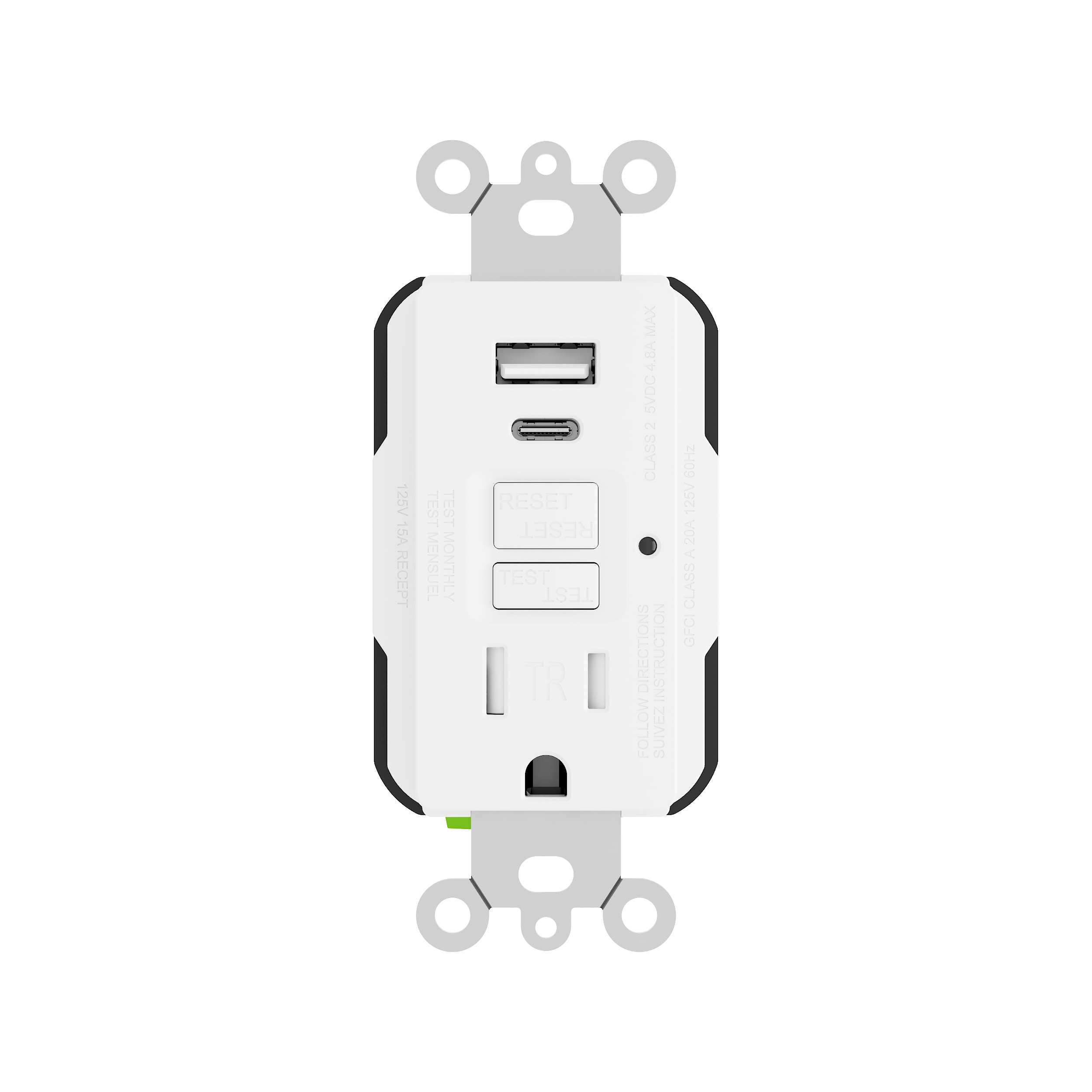 Utilitech LGR2315ACT1-WH 15 A GFCI TR USBAC, WH, 1 PC 15 -Amp 125-volt Tamper Resistant Recessed AFCI GFCI Residential Decorator Outlet Type A/C , White