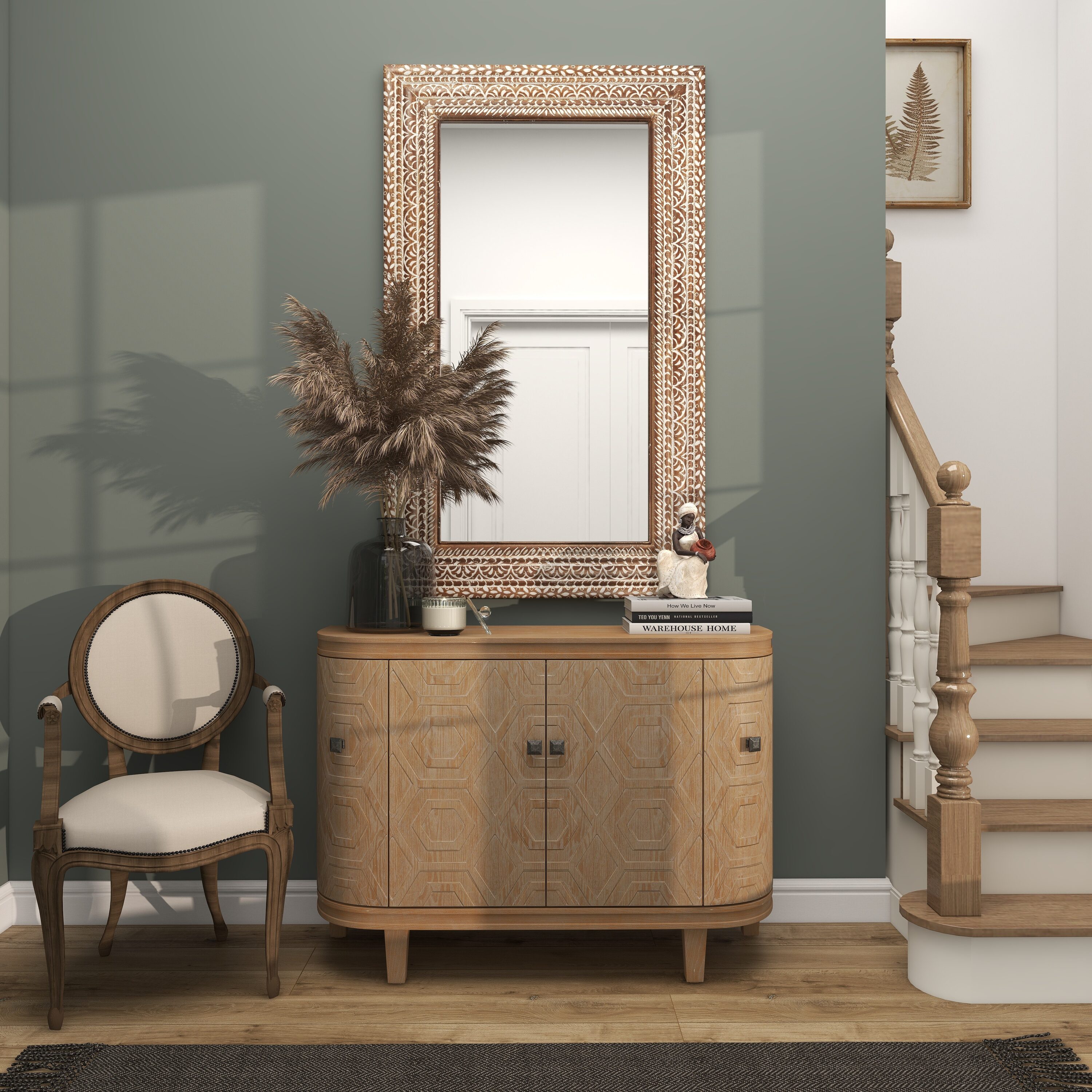 Grayson Lane  Large Carved Mirror with Boho Cabinet, Pampas Grass and African Sculpture