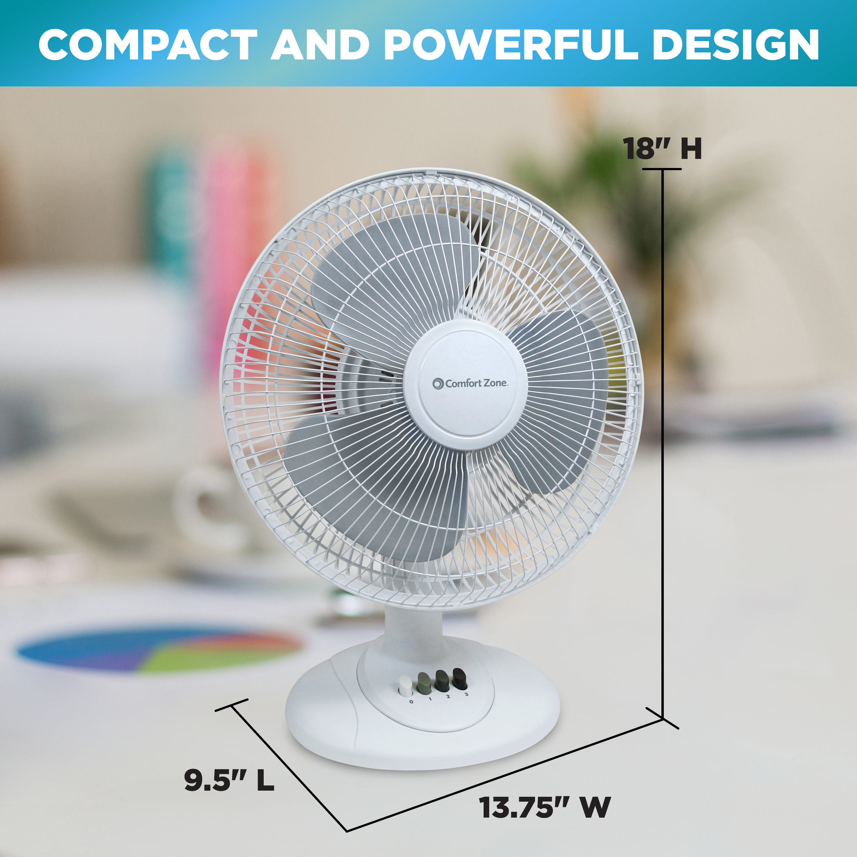 Comfort Zone 12-in 3-Speed Indoor White Oscillating Desk Fan at