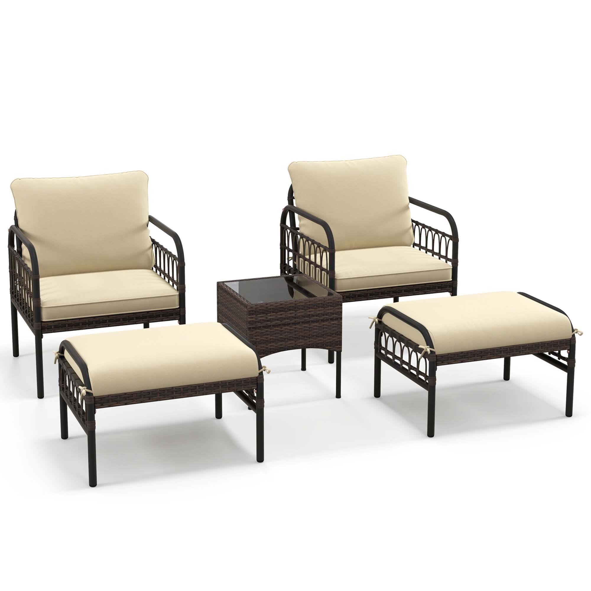 Costway LWS00068 5 -Piece Rattan Patio Conversation Set with Off-white Cushions