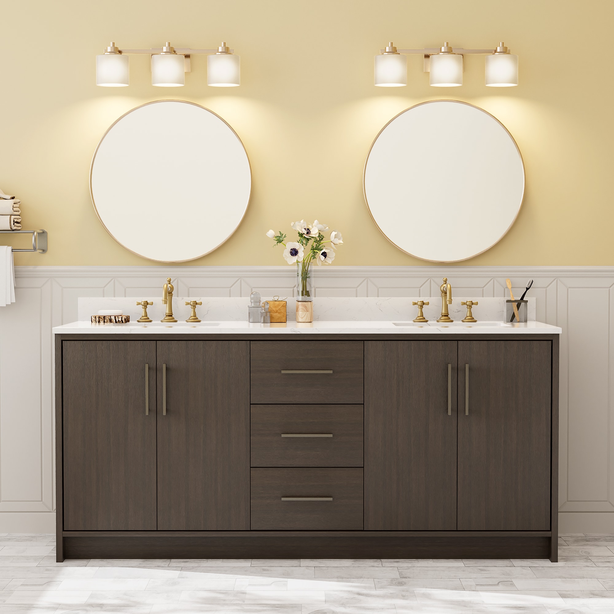 VOUA DXRCJ-SJD-BU 72-in Dark Brown Double sink Bathroom Vanity with White Marble Top