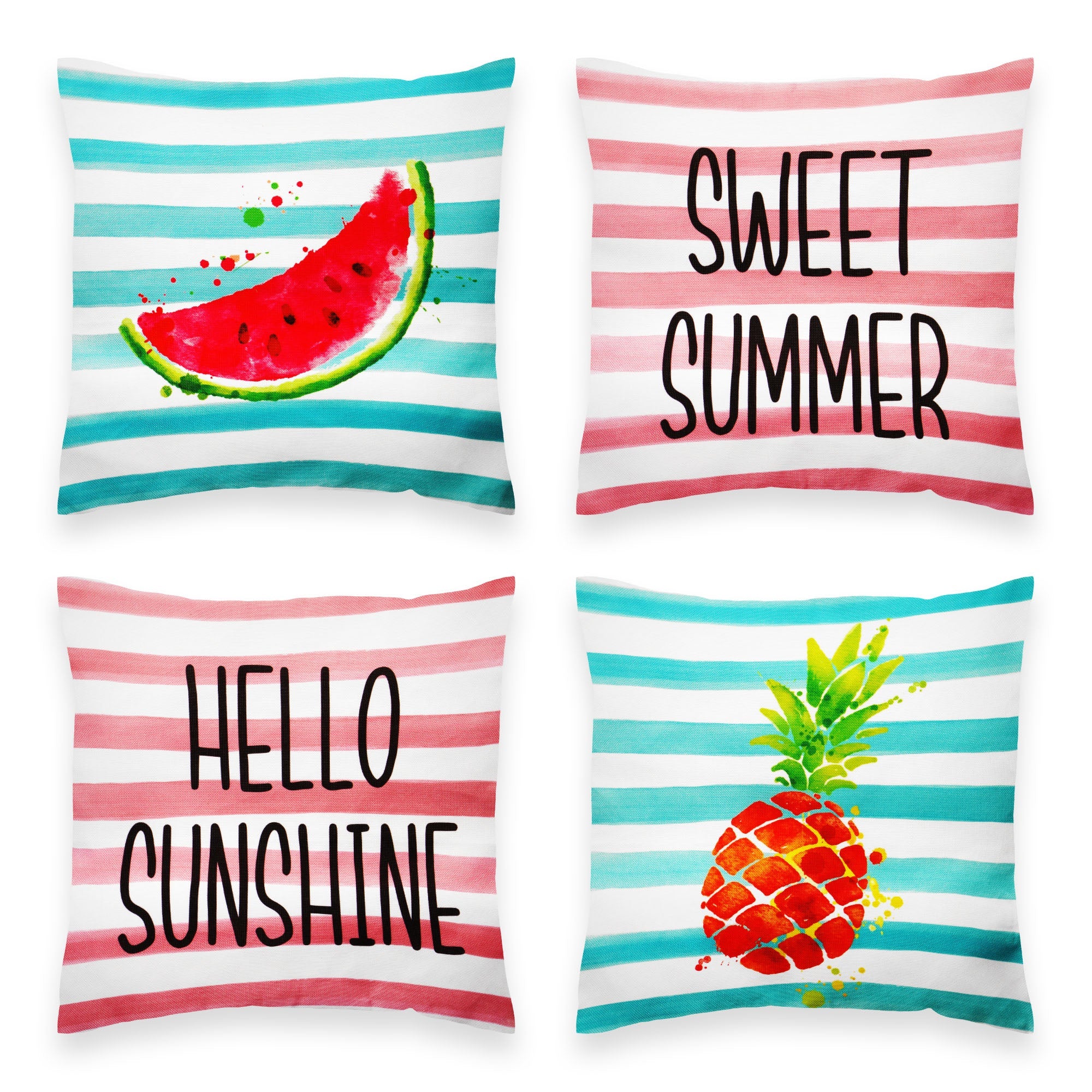 G128 PC-SUMSTRIPE1-20P9-4 4-Piece 18-in x 18-in Square Decorative Hello Summer Pineapple Watermelon Waterproof Pillow Covers