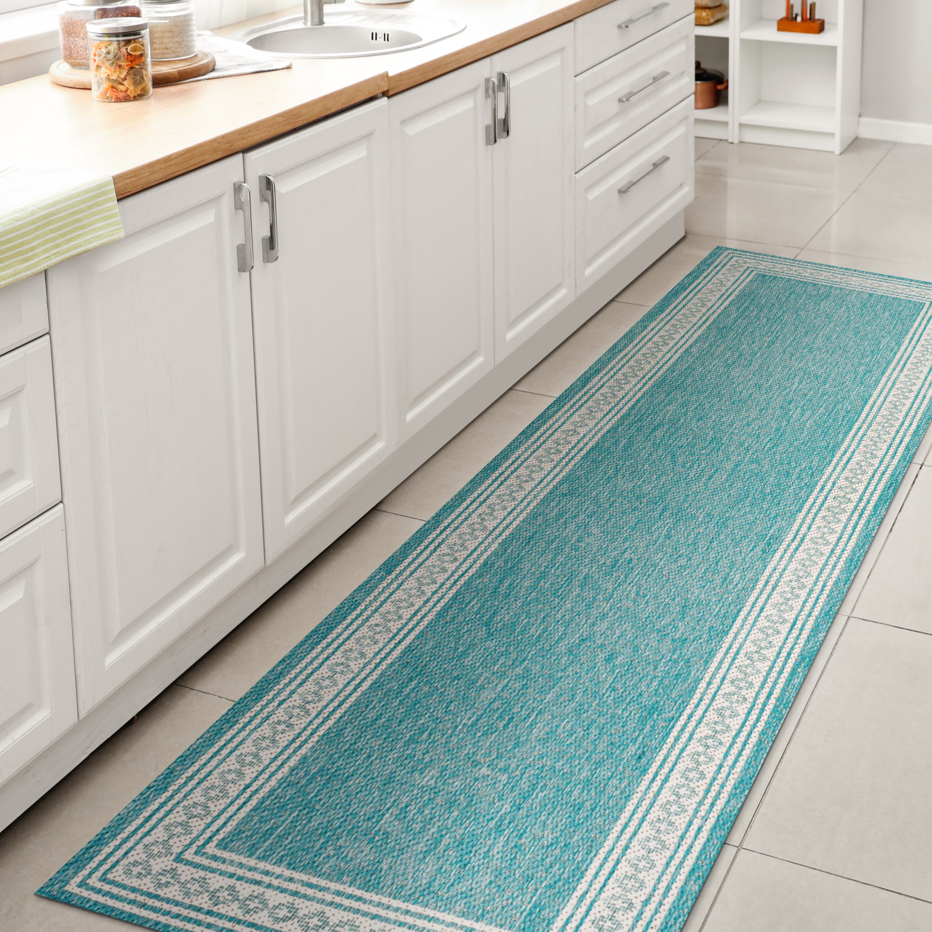 JONATHAN  Y SMB207D-28 Santa Monica Lucia Diamond 2 x 8 (ft) Loomed Polypropylene Aqua/Light Gray Rectangular Indoor/Outdoor Border Farmhouse/Cottage Runner rug