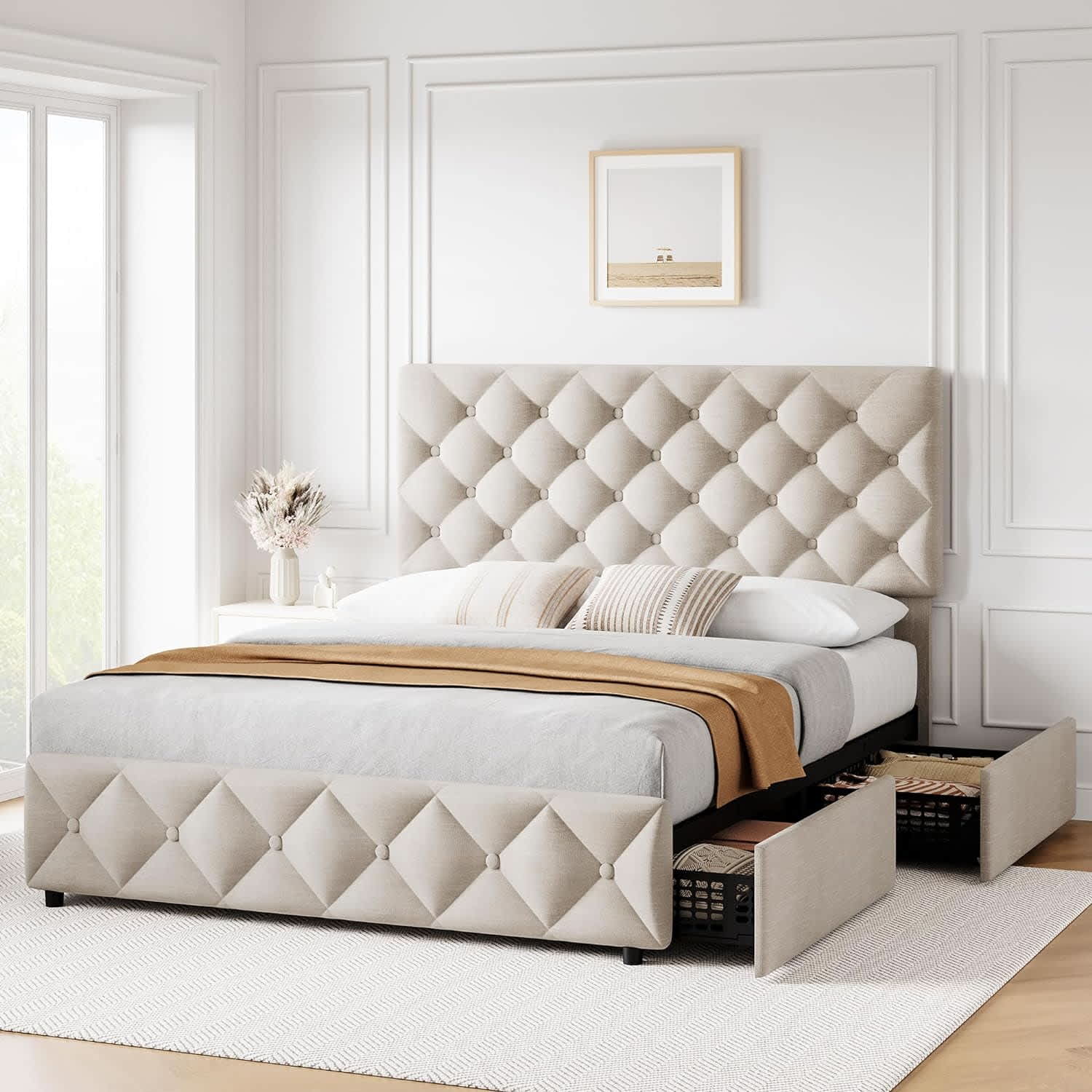 Qeetex LHF-BED-PHO-0ZIELI55 Full Size Bed Frame with 4 Storage Drawers and Adjustable Headboard Linen Upholstered Platform Bed Frame Diamond Stitched Button Tufted No Box Spring Needed Beige