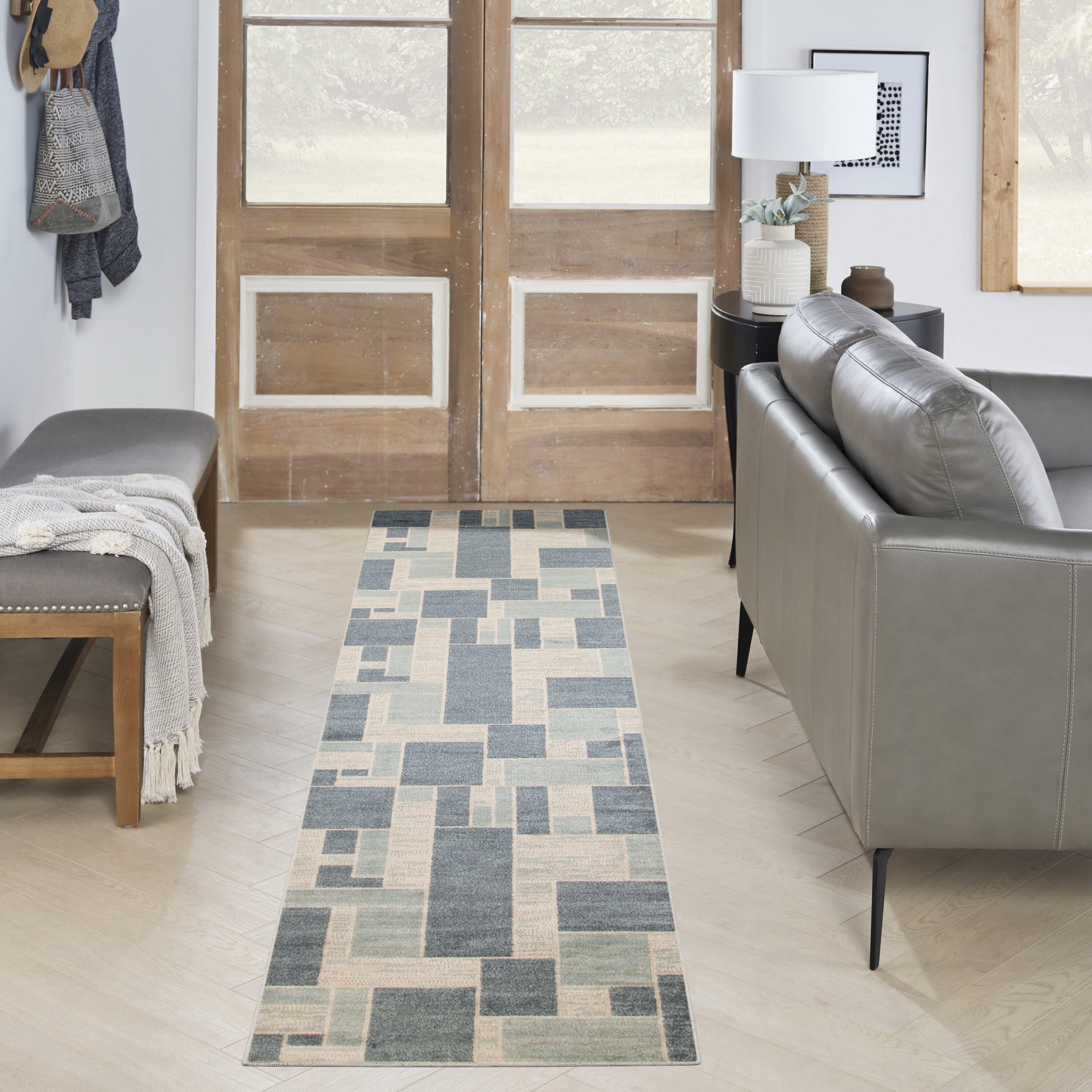 Nourison Home 099446944498 Astra Machine Washable 2 x 10 (ft) Loomed Polyester Blue Ivory Rectangular Indoor Geometric Mid-Century Modern Machine washable Runner rug