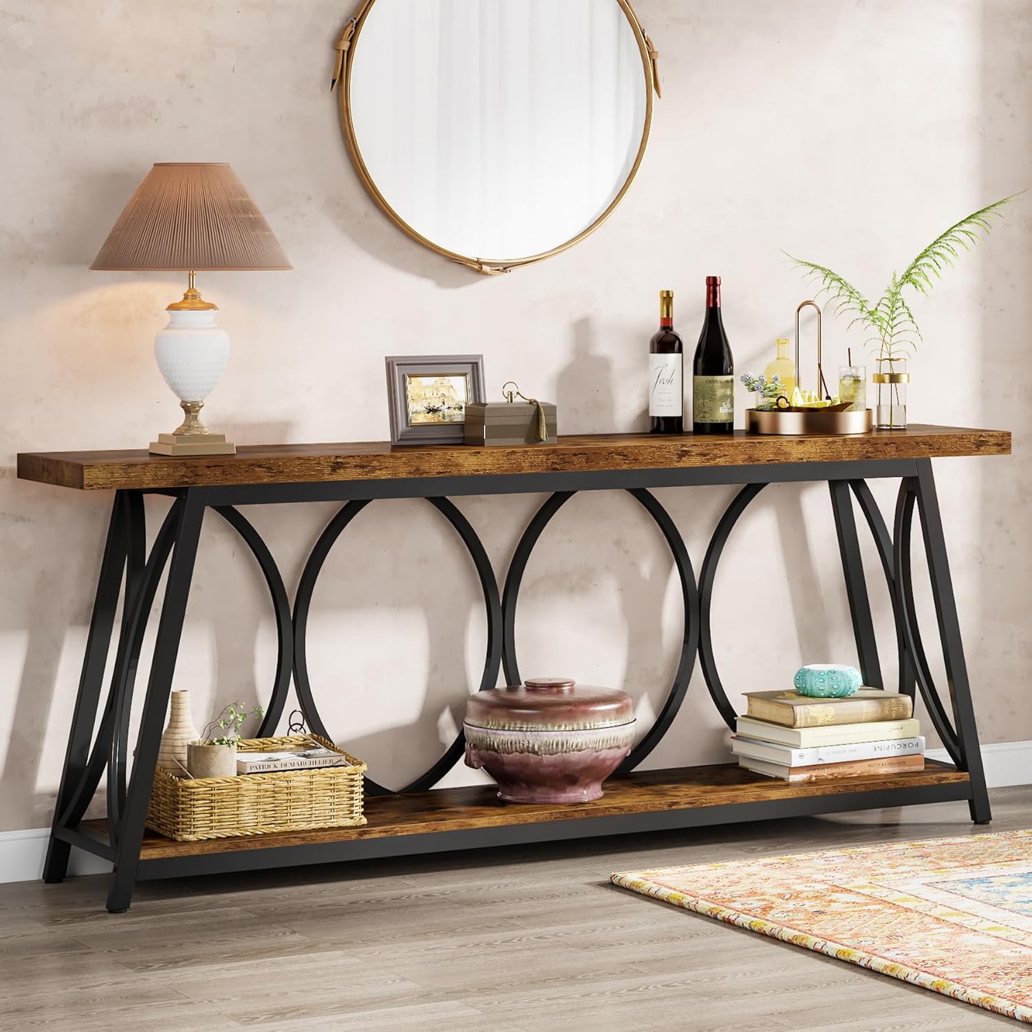 LOVMOR - 70.9in Extra Long Industrial Console Table Narrow Sofa Table Behind Couch with 2-Tier St...