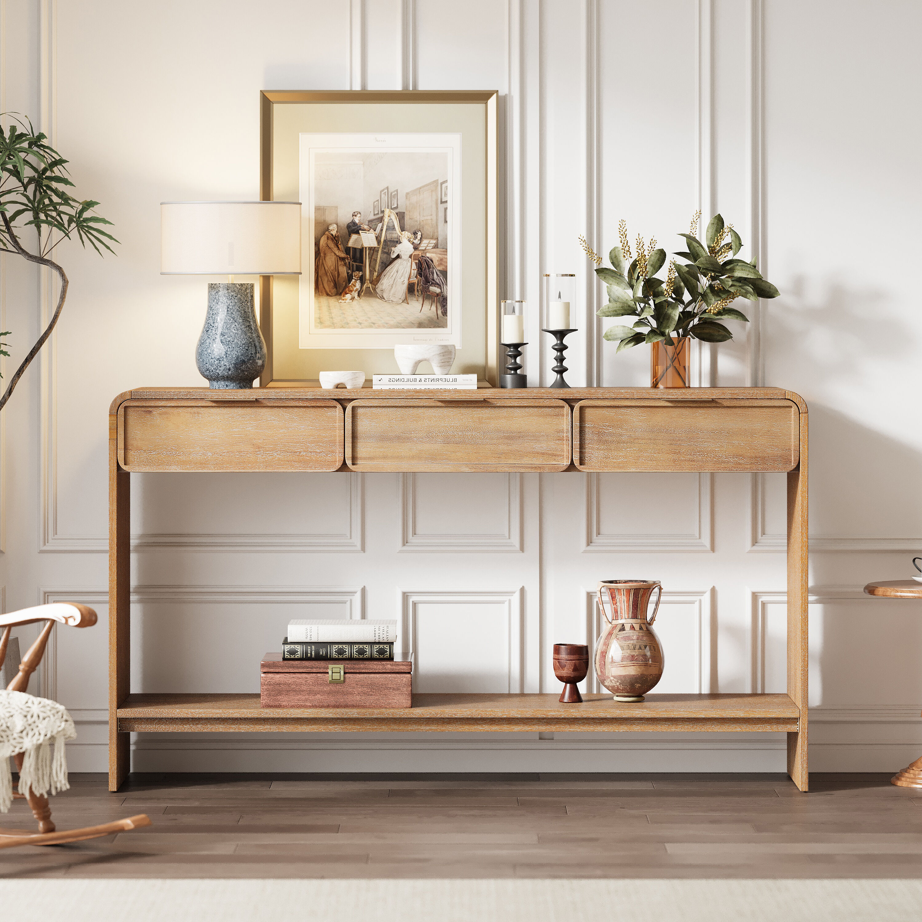 Del Monte Natural 34 Inch Natural Console Table Accent Cabinet 3 Drawers Shelf