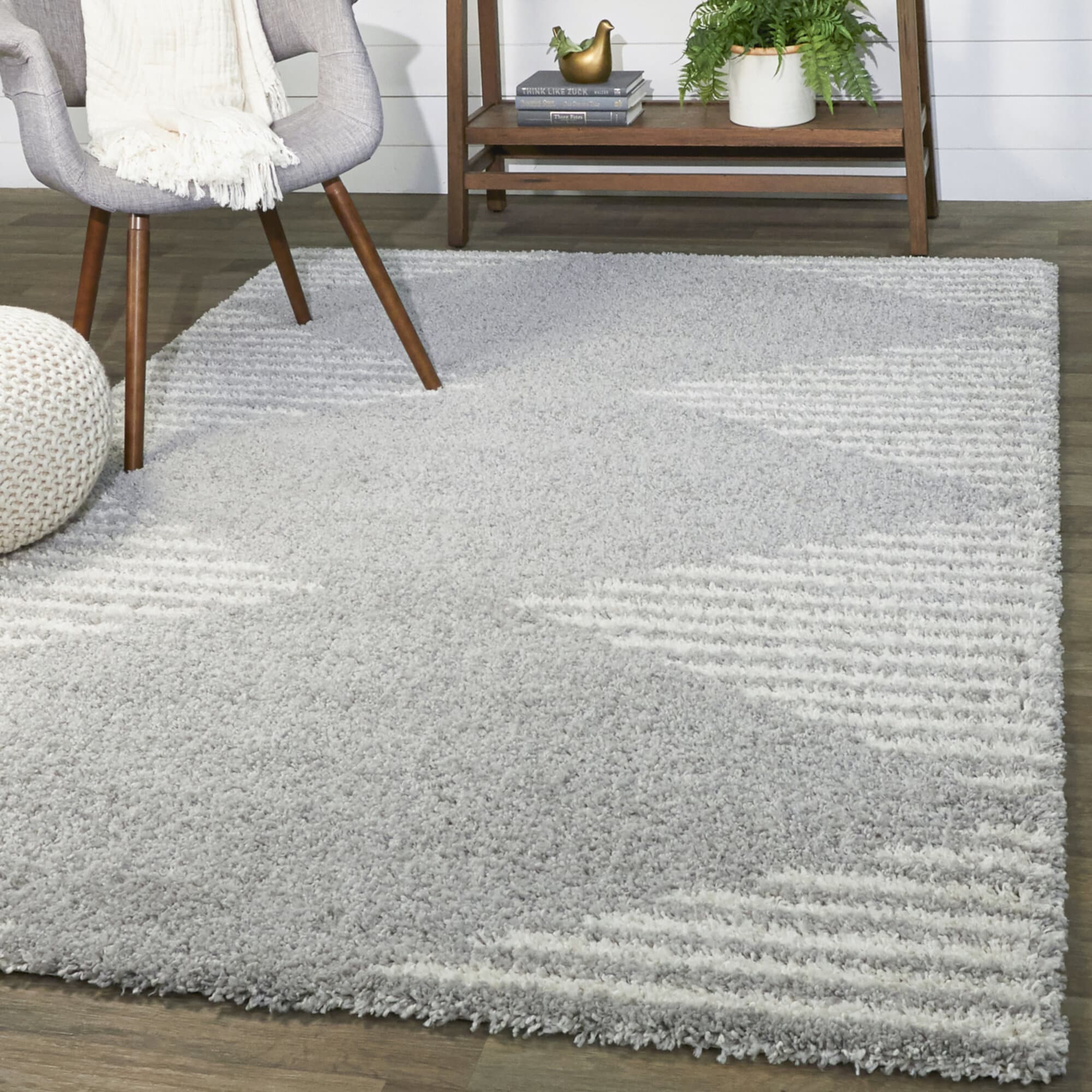 Gray Striped Shag Synthetic 5' x 7' Area Rug