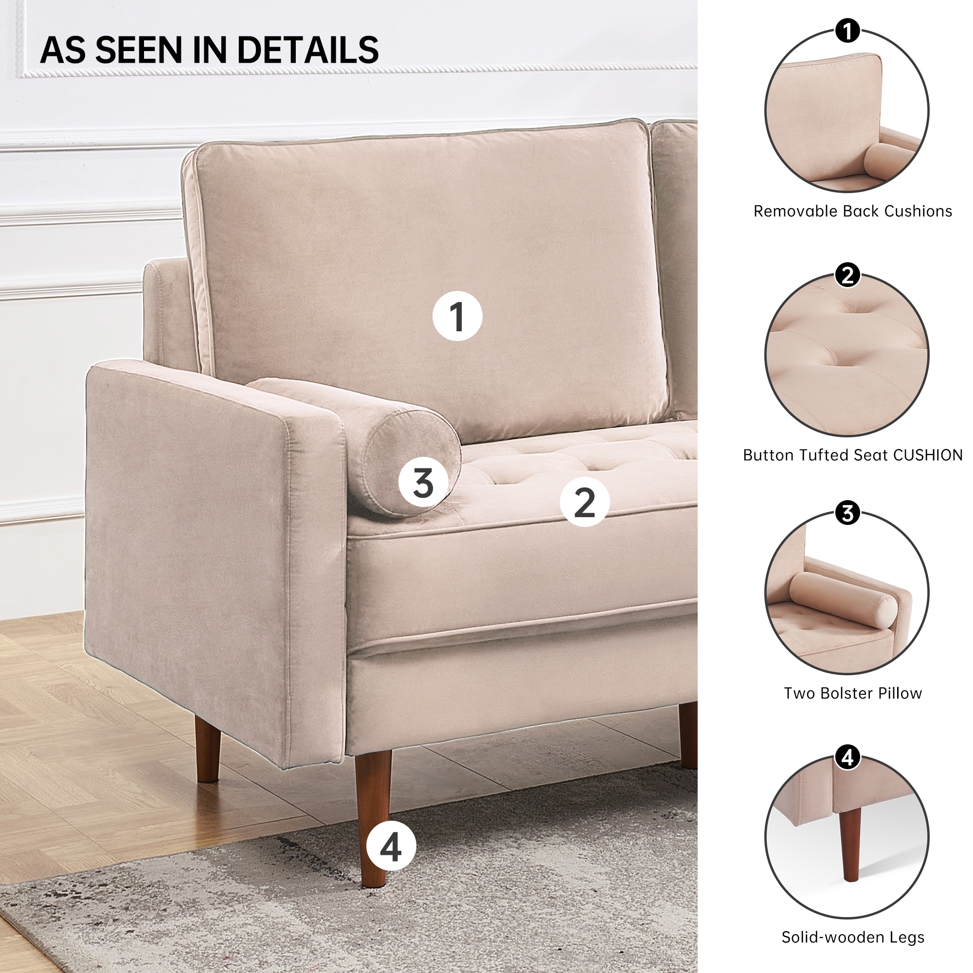 Beige Velvet Loveseat with Wood Legs and Bolster Pillows