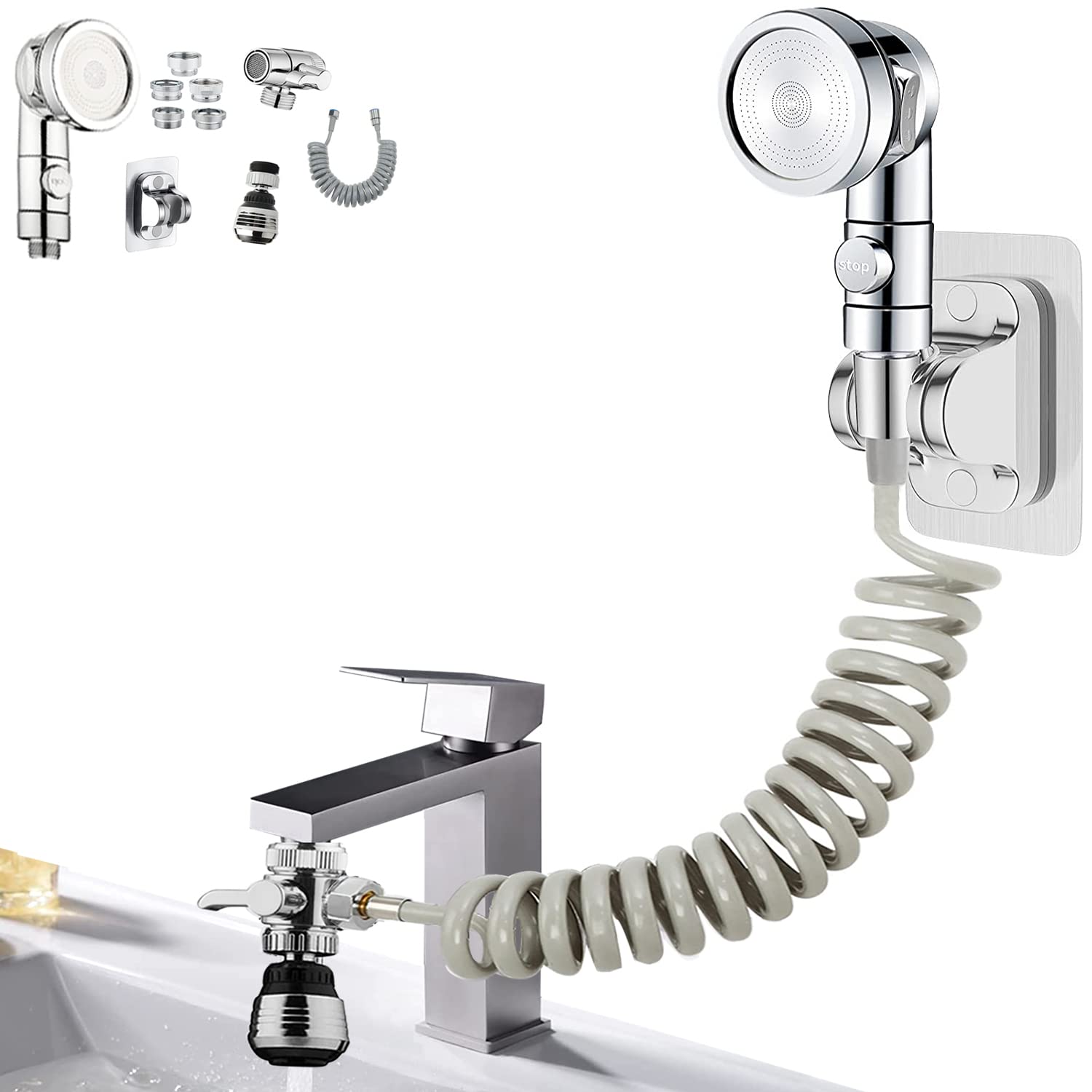 AKSCYZM  Sink Faucet Sprayer Attachment Sink Shower Sprayer Attachment Set To Tub Faucet ON OFF Shower Head with 5 adapters Sink Extension Hose