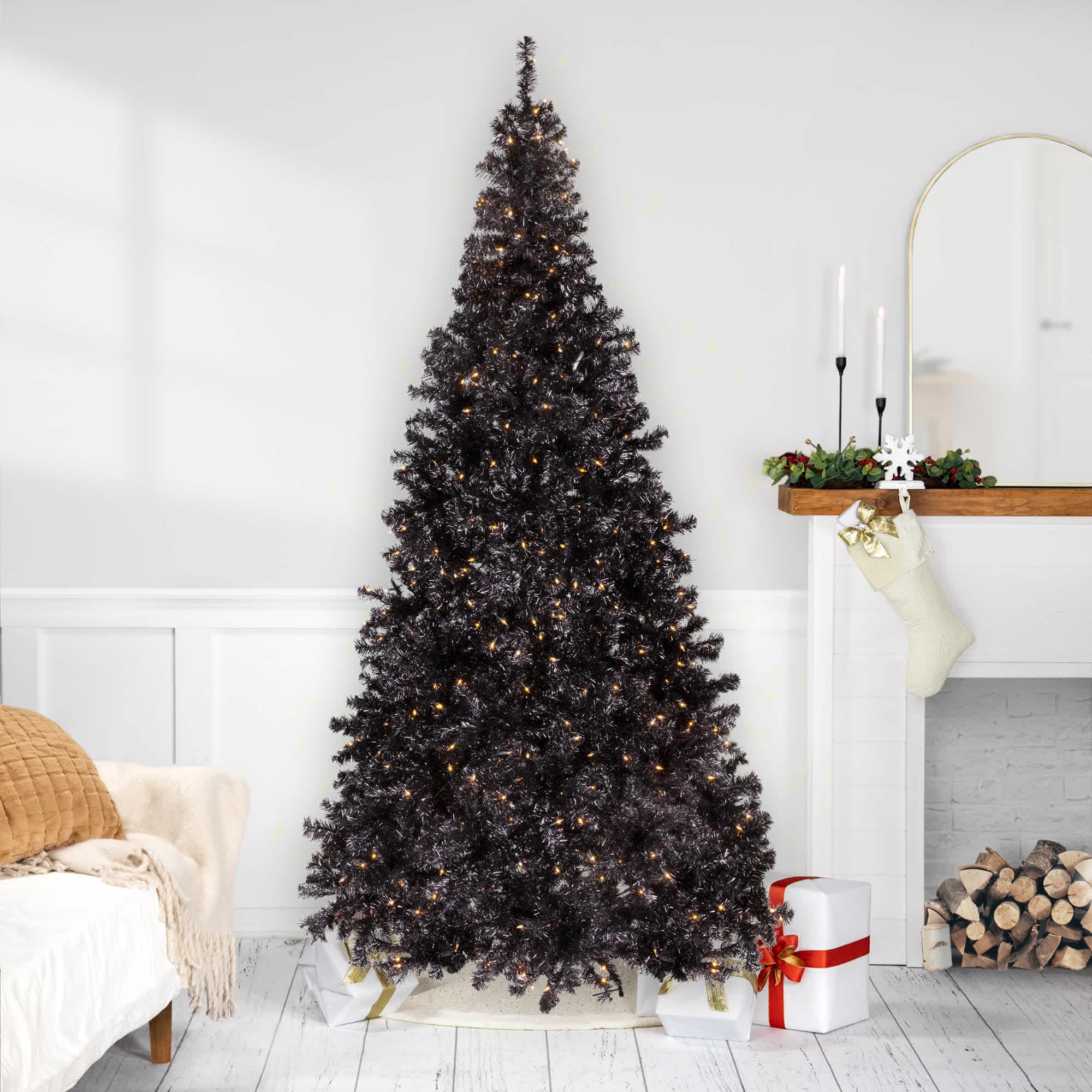 Northlight Pre-Lit Artificial Tinsel Halloween Tree - 9 feet - Black - Clear Lights