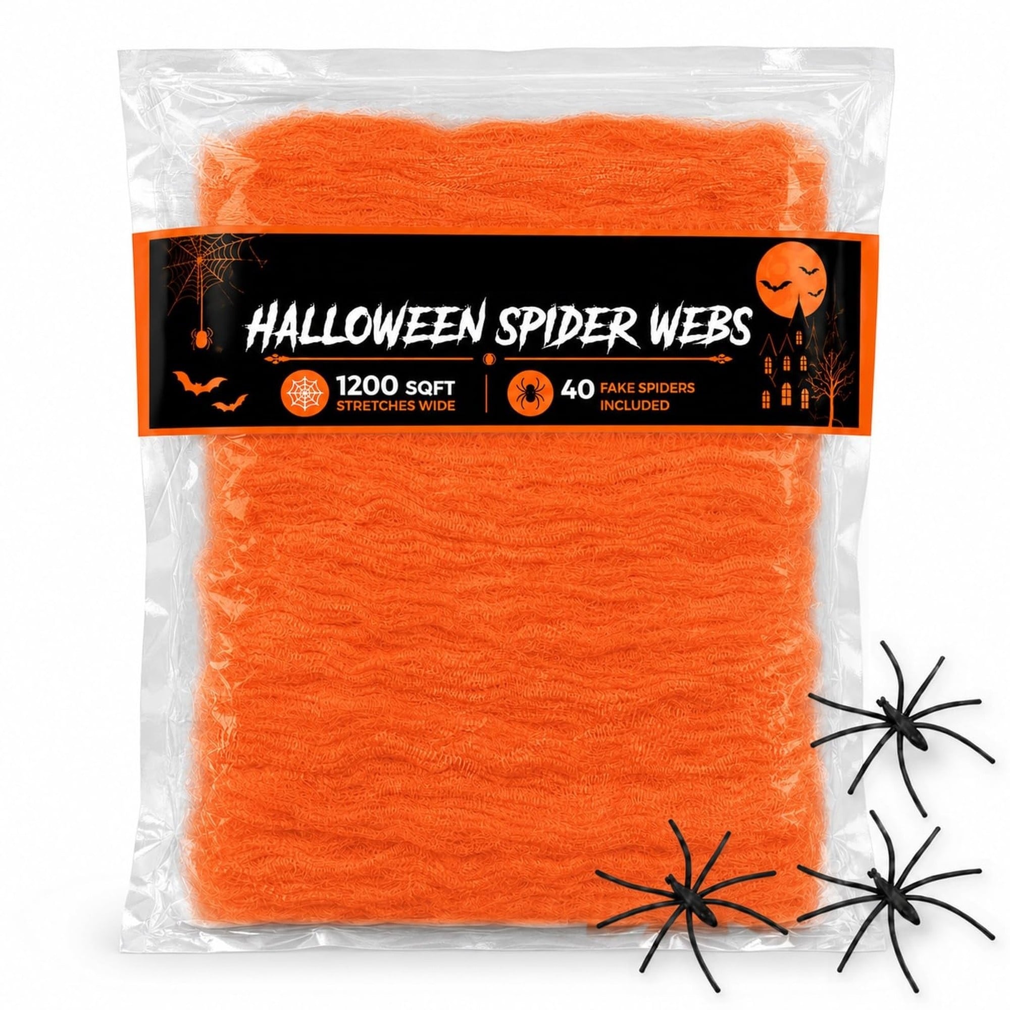 Numhew 1200 sq ft Orange Halloween Spider Webs 40 Spider Haunted House Yard Decor