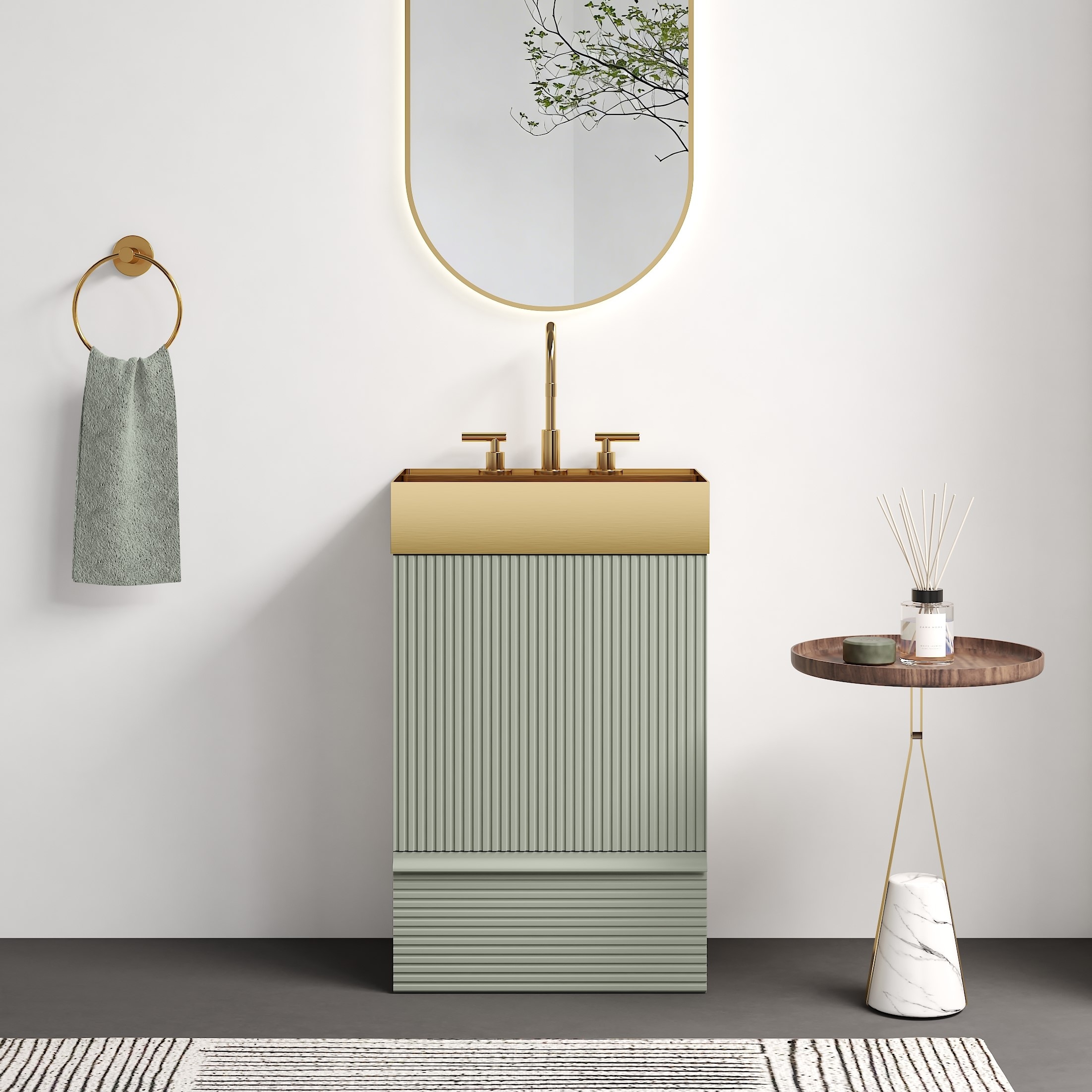 GDFStudio Gada 20 in. Modern Freestanding Fluted Bathroom Vanity with Integrated Brushed Gold Metal Vessel Sink and Soft-Closing Door Drawer - Light Green (without Drain and Faucet)