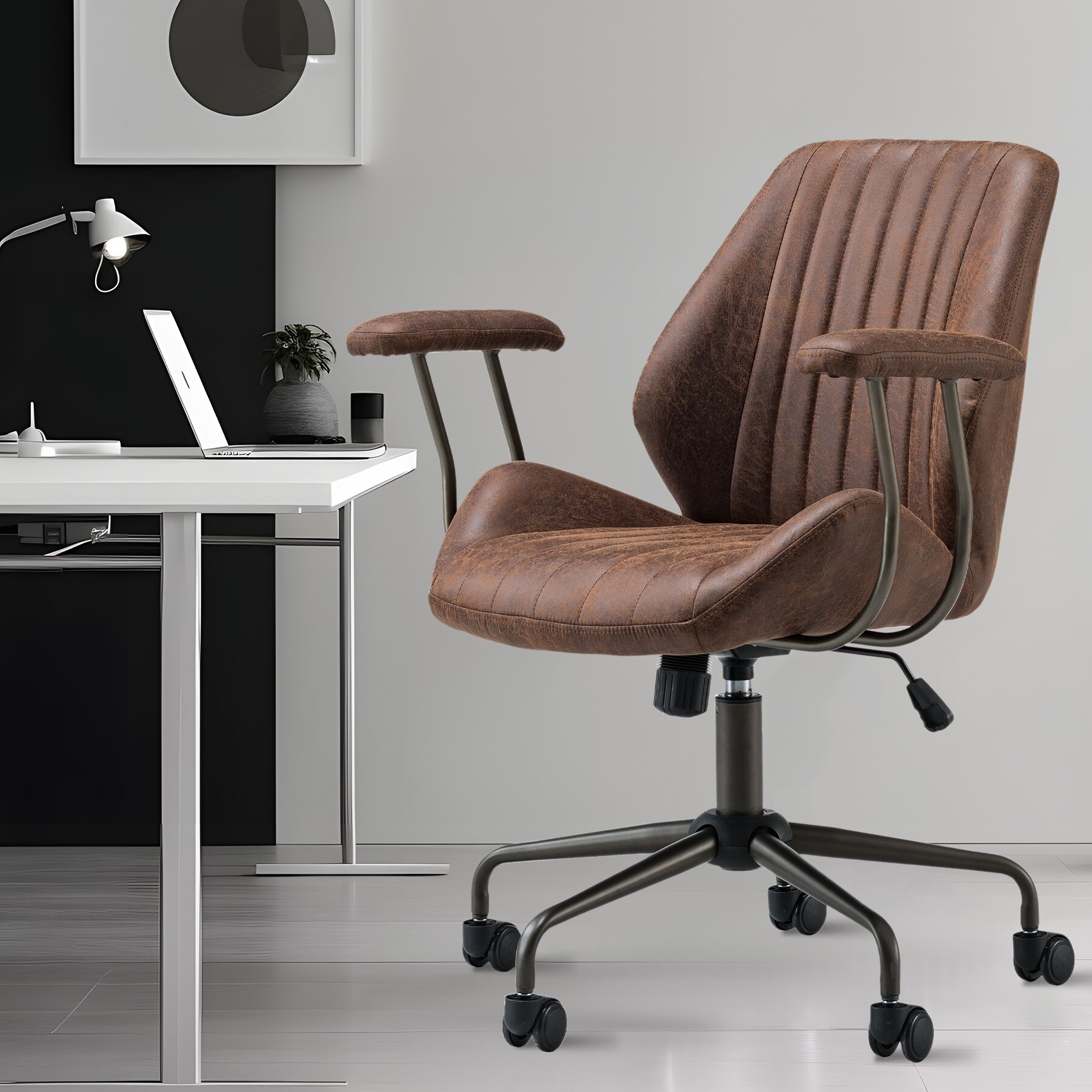 Ovios OSKL300 Brown Contemporary Ergonomic Adjustable Height Swivel Faux Leather Desk Chair