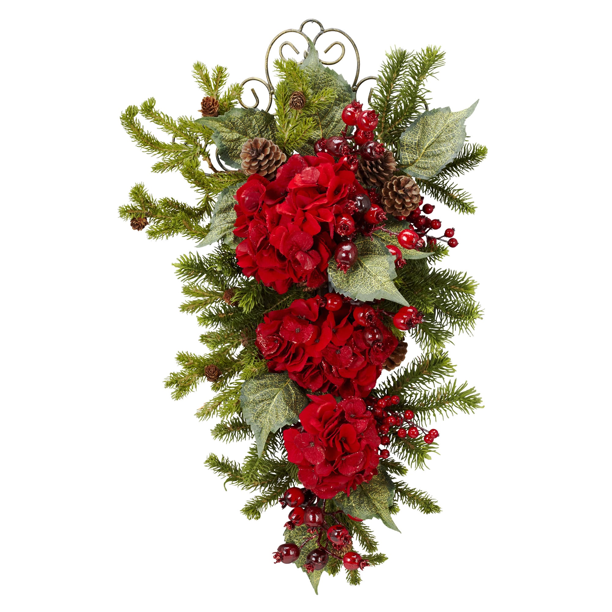 Nearly Natural 18-in Indoor Red Hydrangea Artificial Christmas Wreath #4926