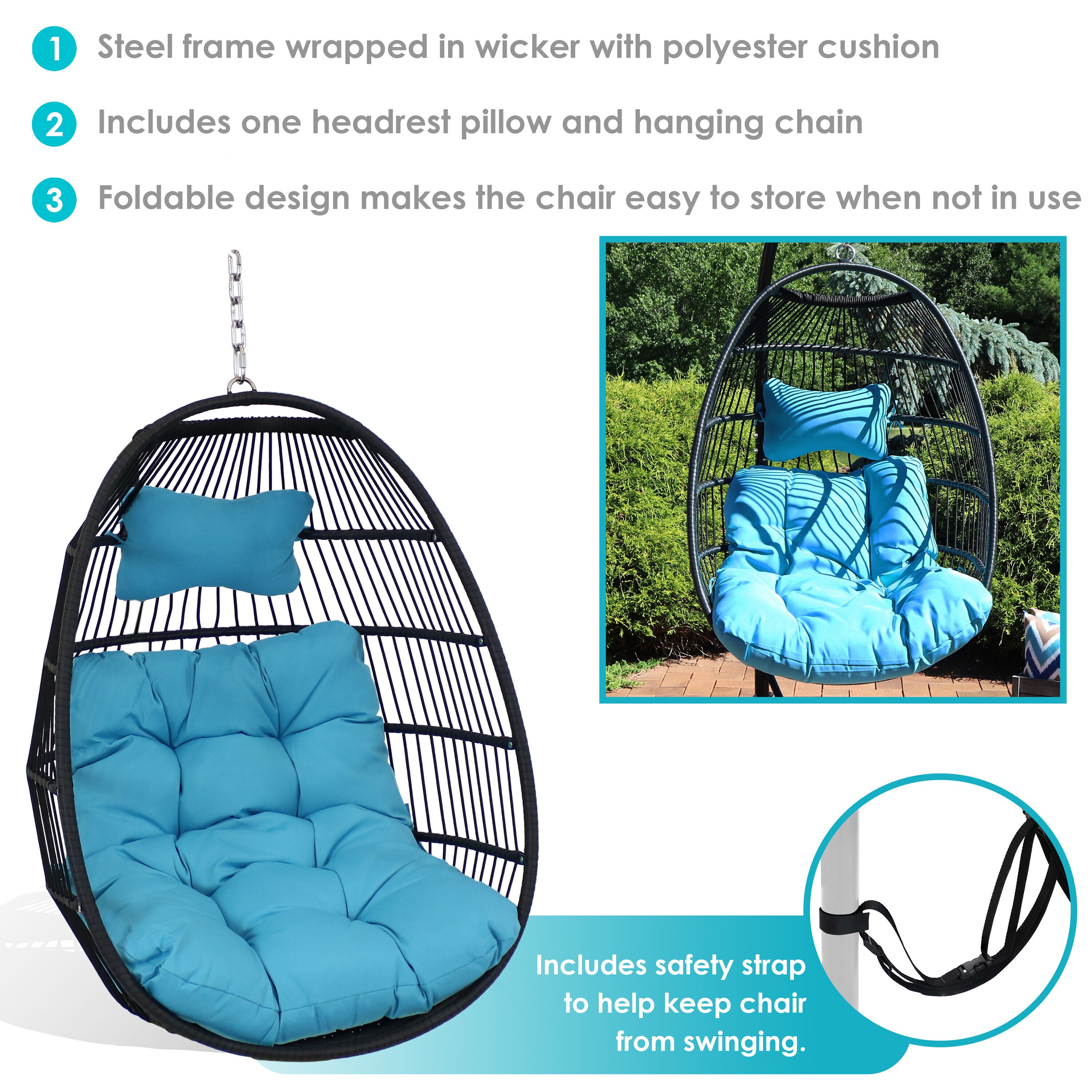 Sunnydaze Decor Outdoor Wicker Egg Chair with Blue Cushions - Sturdy ...