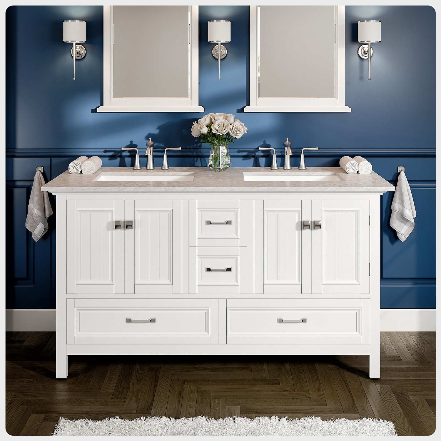 Eviva Navy 36 inch Deep Blue Bathroom Vanity with White Carrera Counter-top  and White Undermount Porcelain Sink