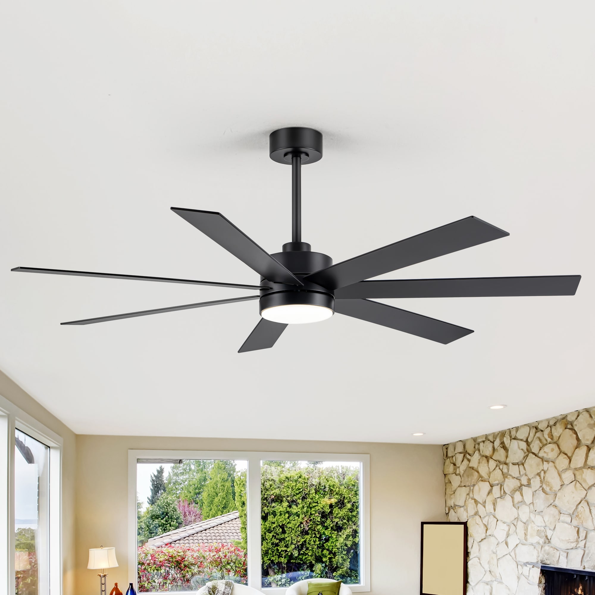Breezary 30039-BK 60-in Color-Changing Integrated LED Matte Black with Black and Wood Grain Blades Ceiling Fan With Light - Remote Included ( 7 -Blade )