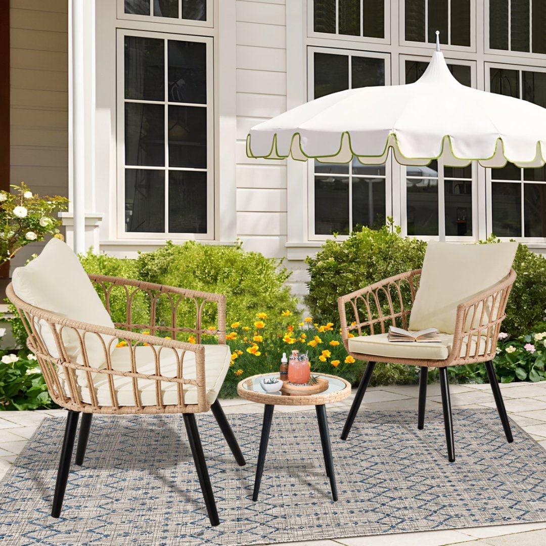 EarlGrove LS-MZ30089 3 -Piece Wicker Patio Conversation Set with Off-white Cushions