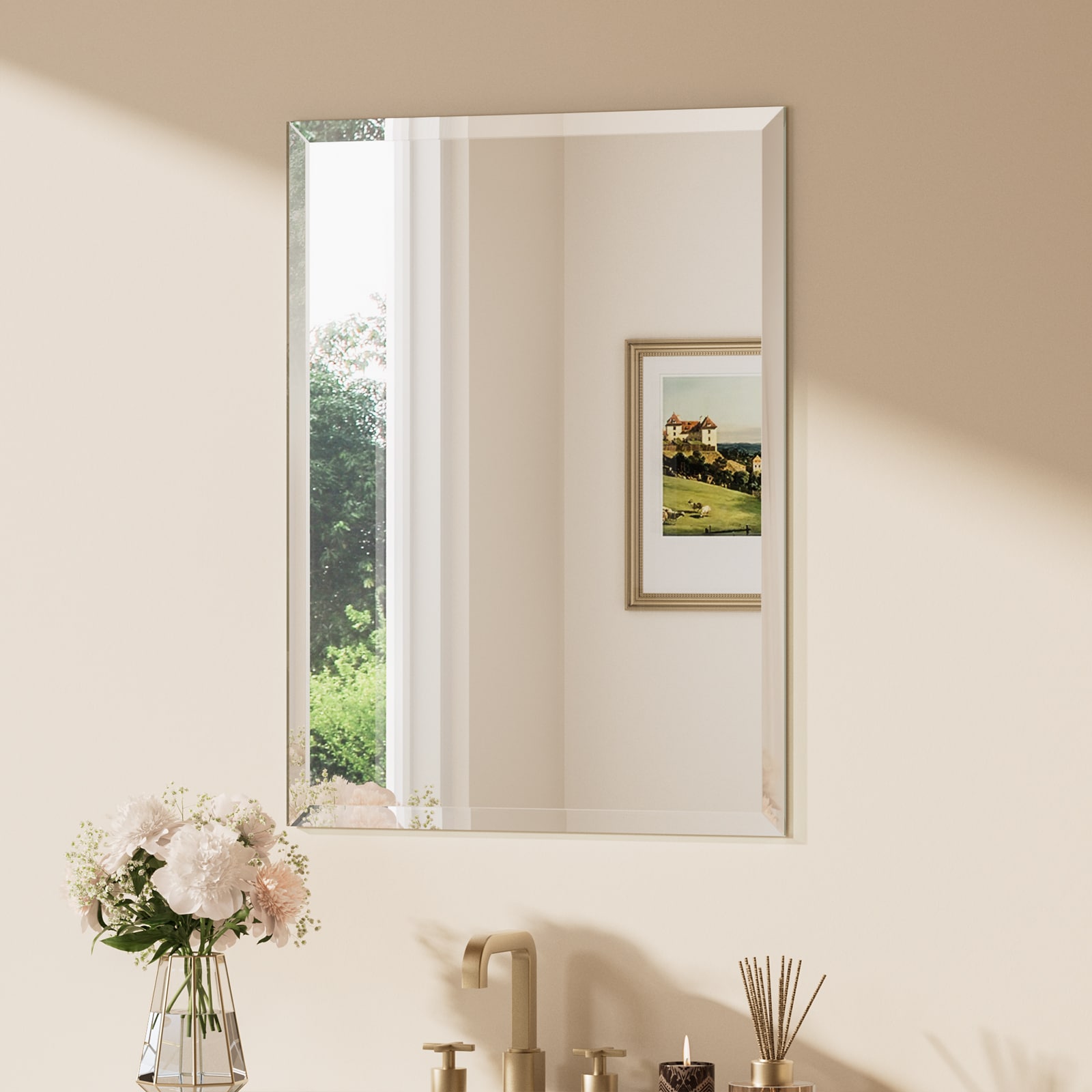 Keonjinn LW-WKJ-FJ-6181 Bathroom Mirrors 24-in W x 32-in H Rectangle Silver Beveled Frameless Wall Mirror