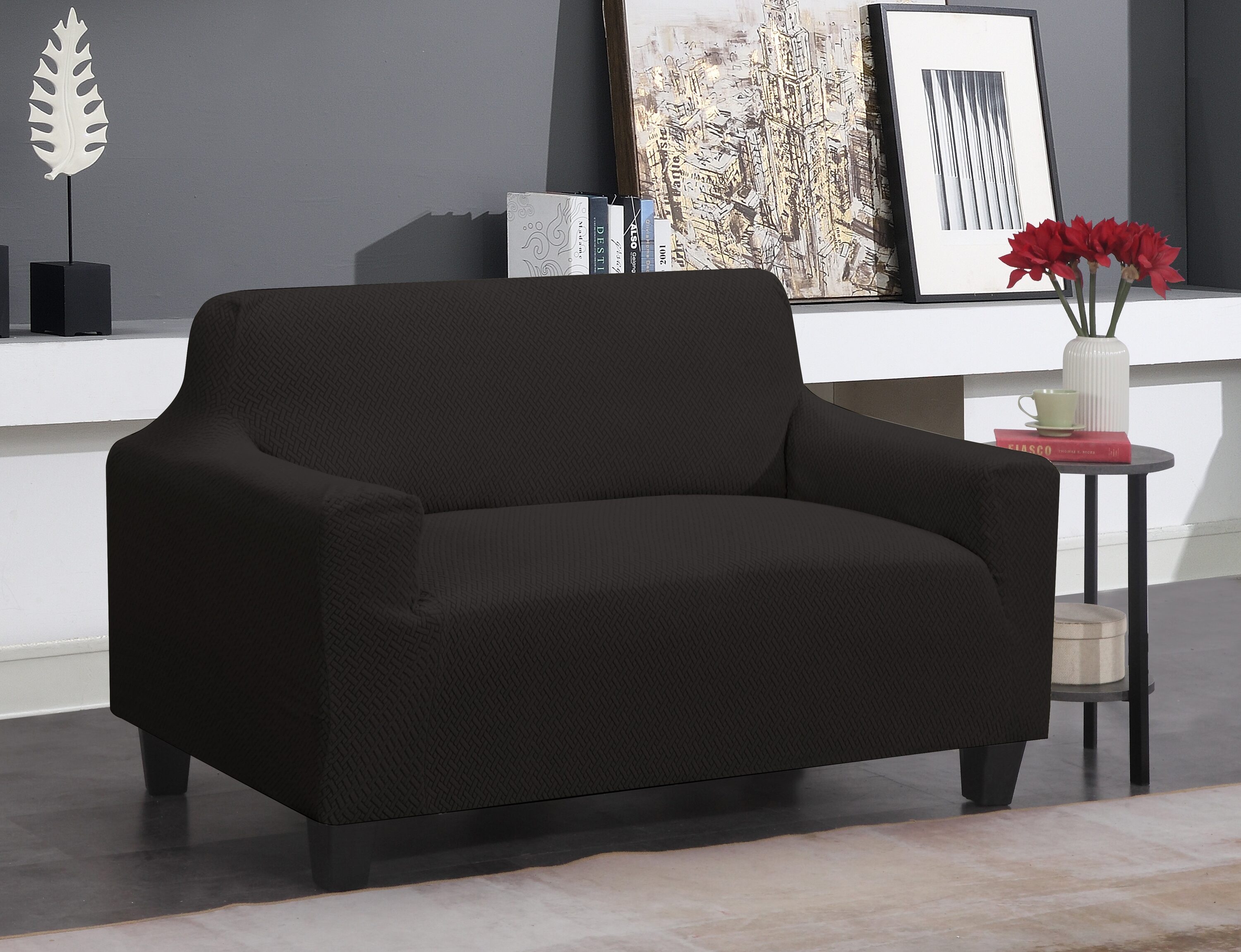 J&V TEXTILES STRETCH-LOVE BLACK Black Microsuede Loveseat Slipcover 104-in W x 40-in H x 76-in D