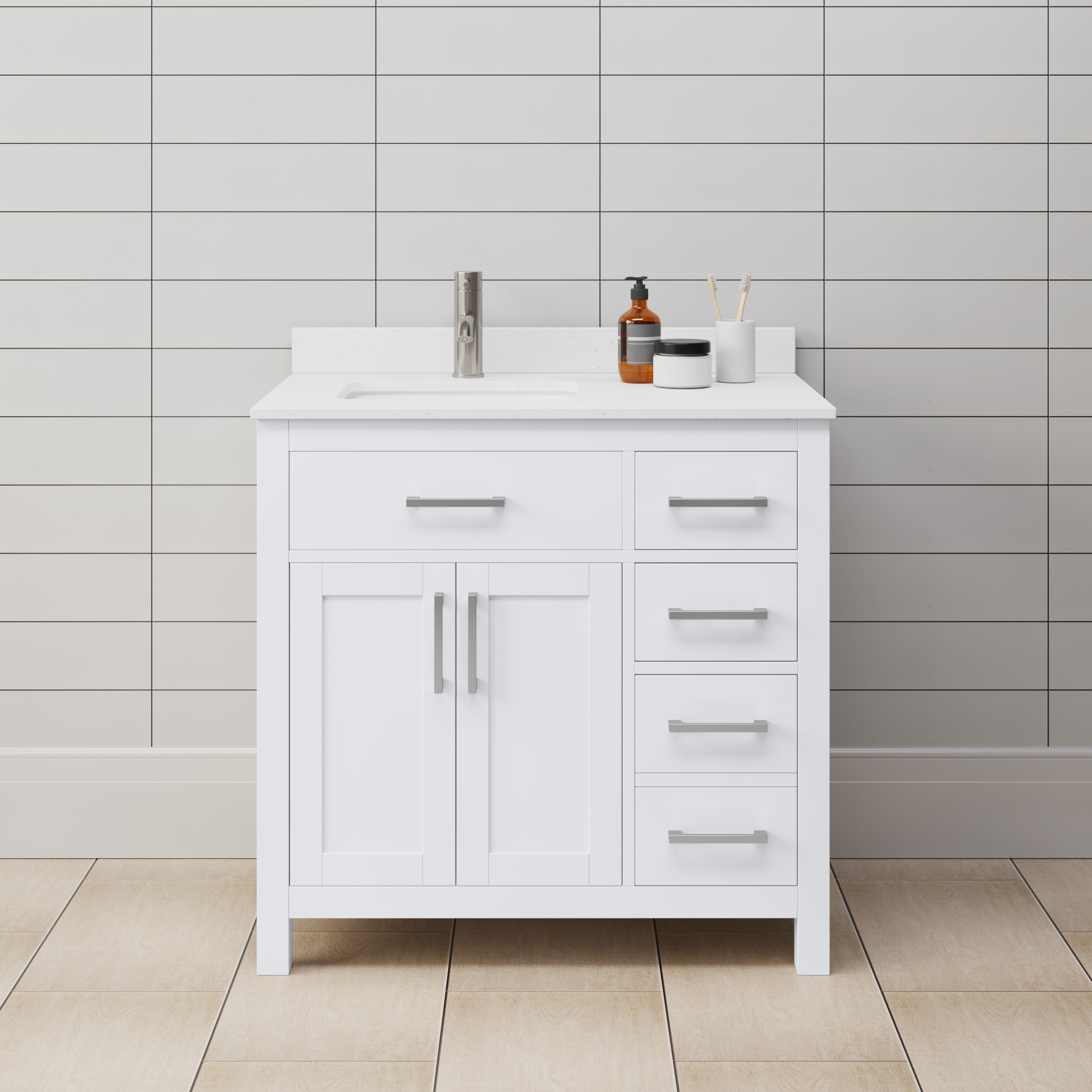 Wyndham Collection WCG242436SWHWCUNSMXX Beckett 36-in White with Brushed Nickel Trim Undermount Single sink Bathroom Vanity with White Cultured Marble Cultured marble Top