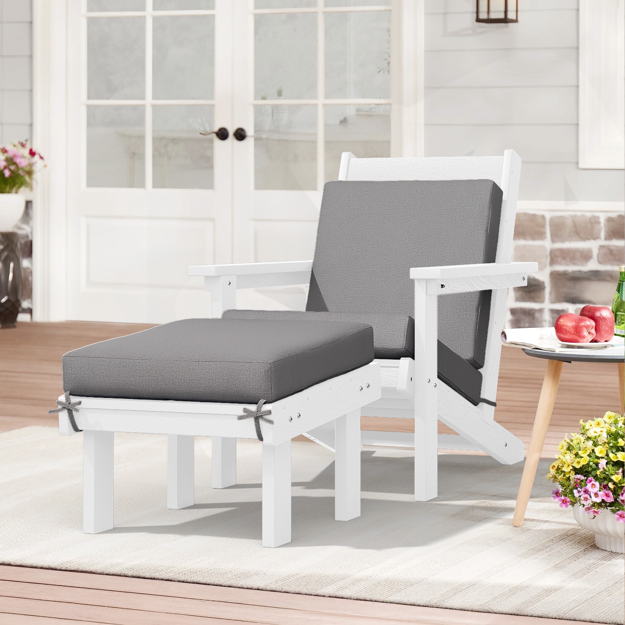 VOUA ZQWYDJ-WT Poolside White HDPE Frame Stationary Chaise Lounge Chair with Gray Cushioned Seat
