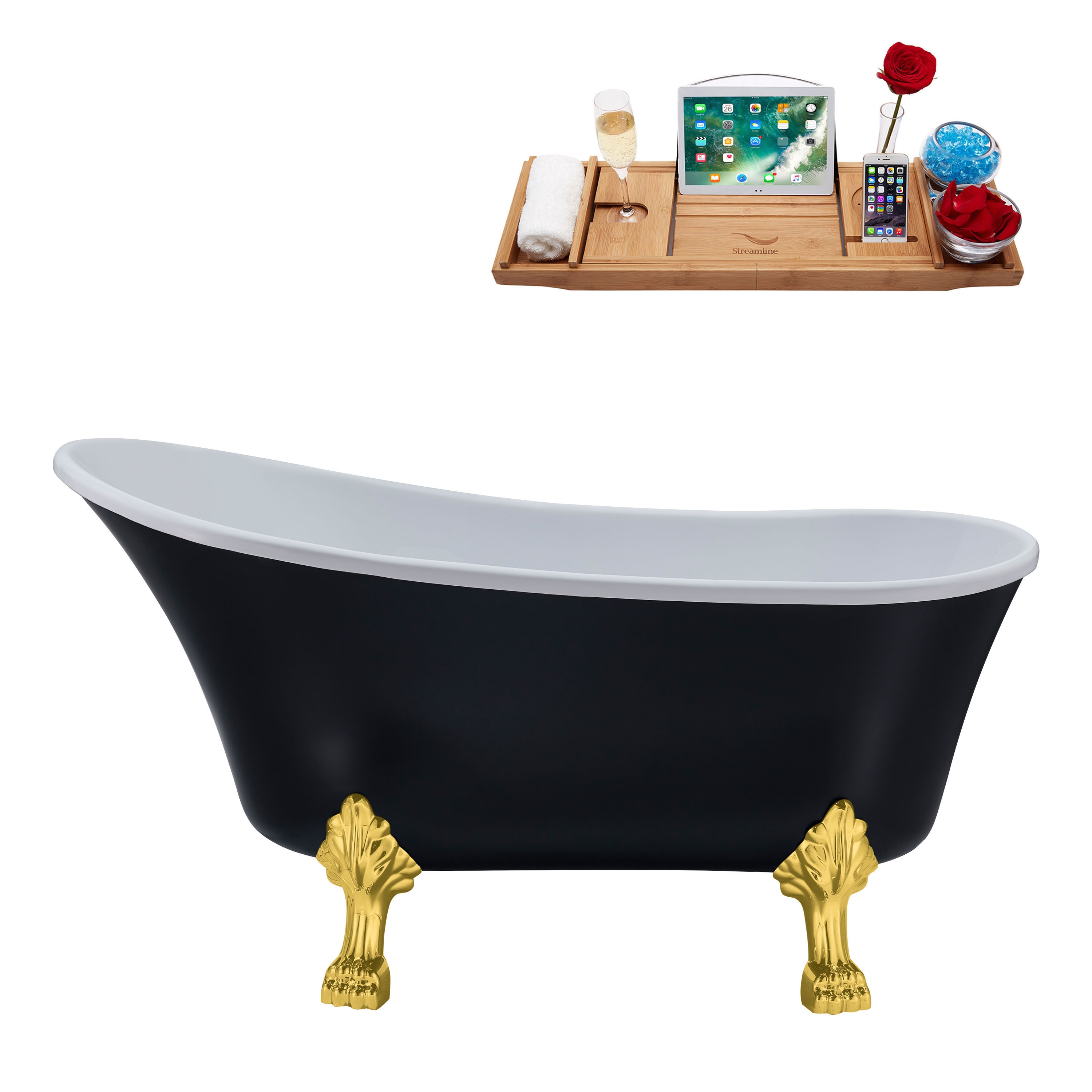 Streamline N367GLD-IN-GLD 31.5-in x 66.9-in Matte Black Acrylic Oval Clawfoot Soaking bathtub with Drain ( Reversible Drain )