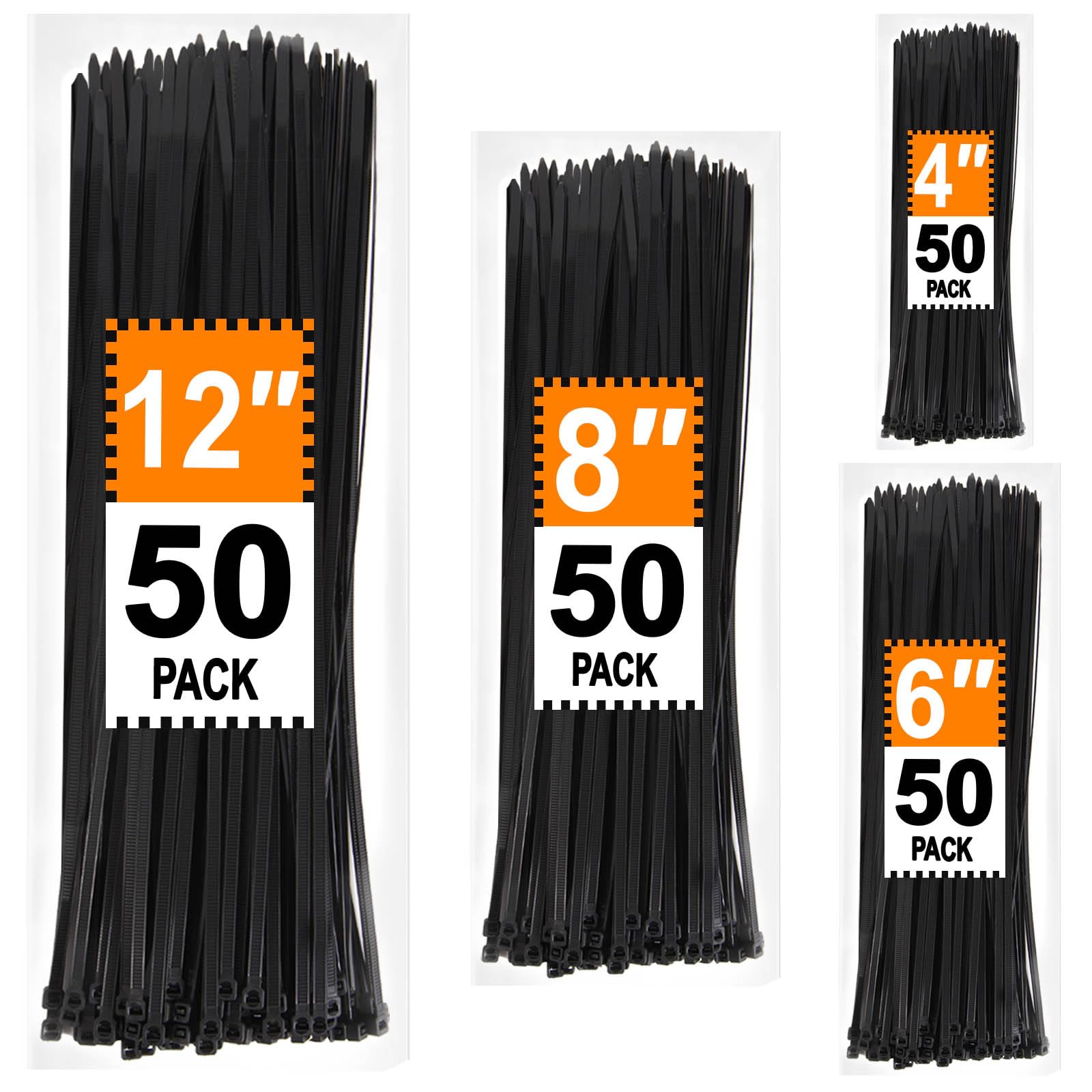 Etokfoks Assorted Sizes Zip Ties 4 6 8 12 Inch 200 Pack Black Cable Ties UV Resistant Wire Ties for Indoor Outdoor Use #EFT1013F330