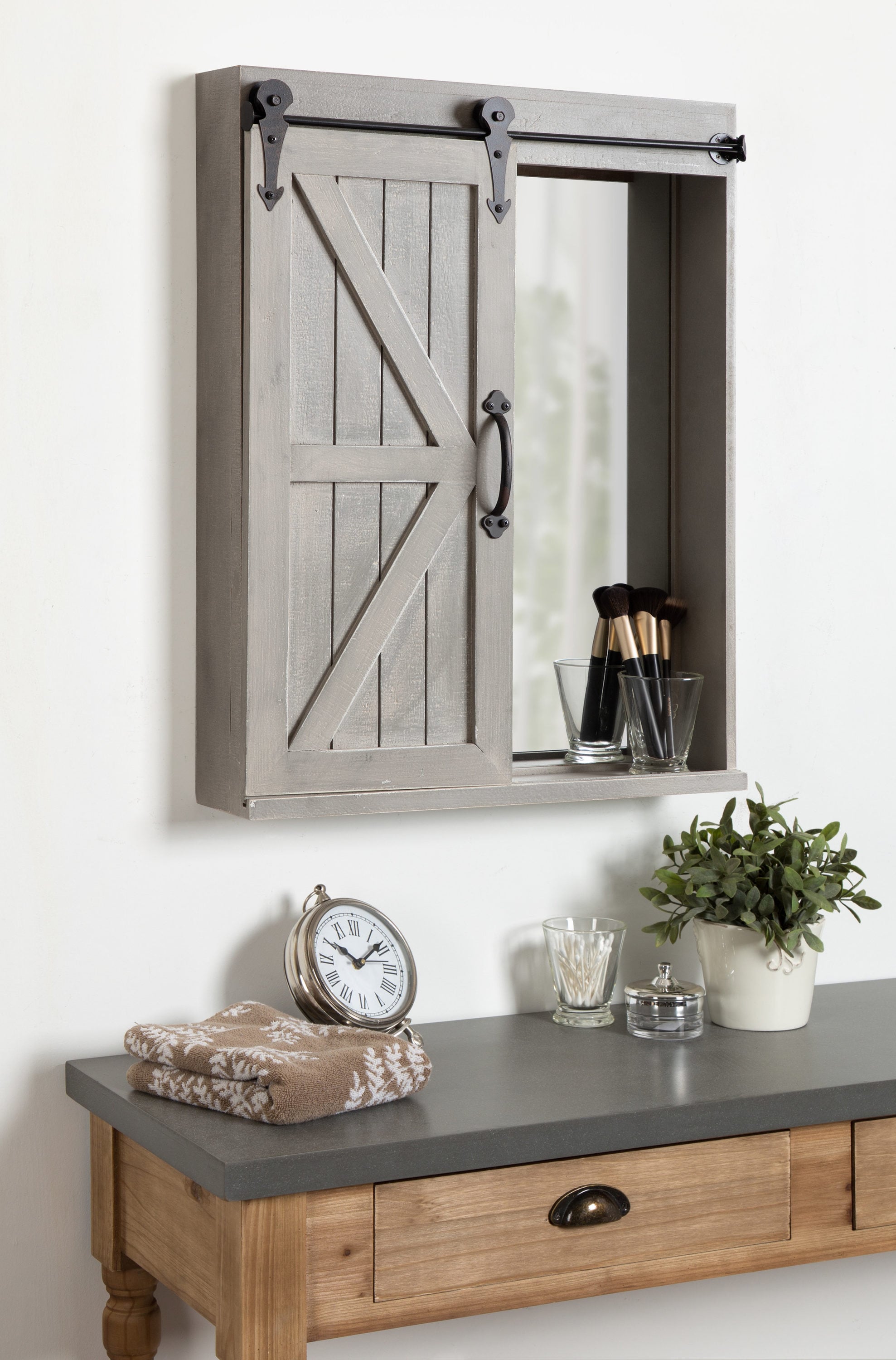 Rustic Gray Farmhouse Vanity Mirror Cabinet with Sliding Barn Door