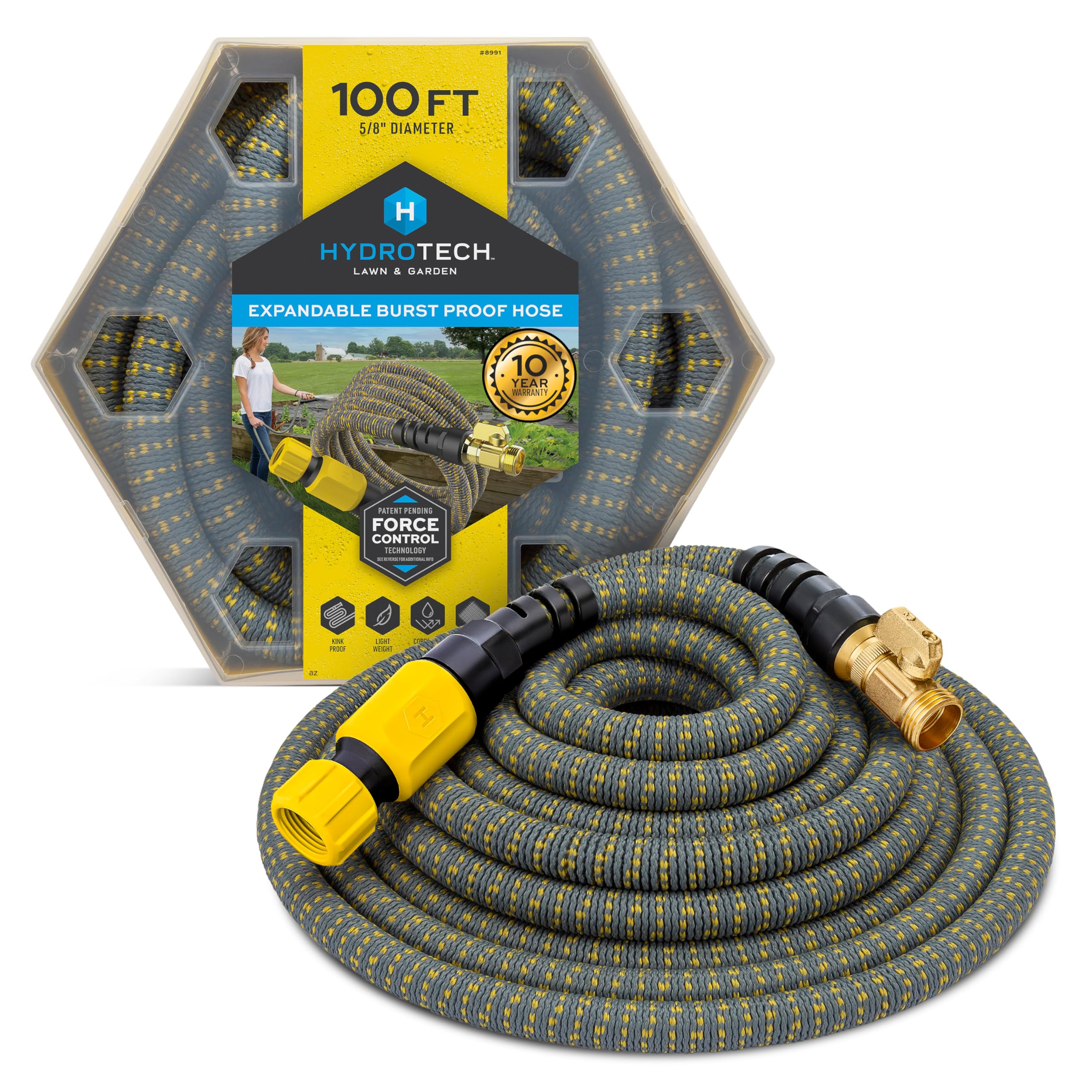 HydroTech  100 ft Expandable Garden Hose with Patented Force Control Technology - 5/8 No-Kink Flexibility Lightweight Hose for Lawn Garden Car Washing Deck and Patio Cleaning