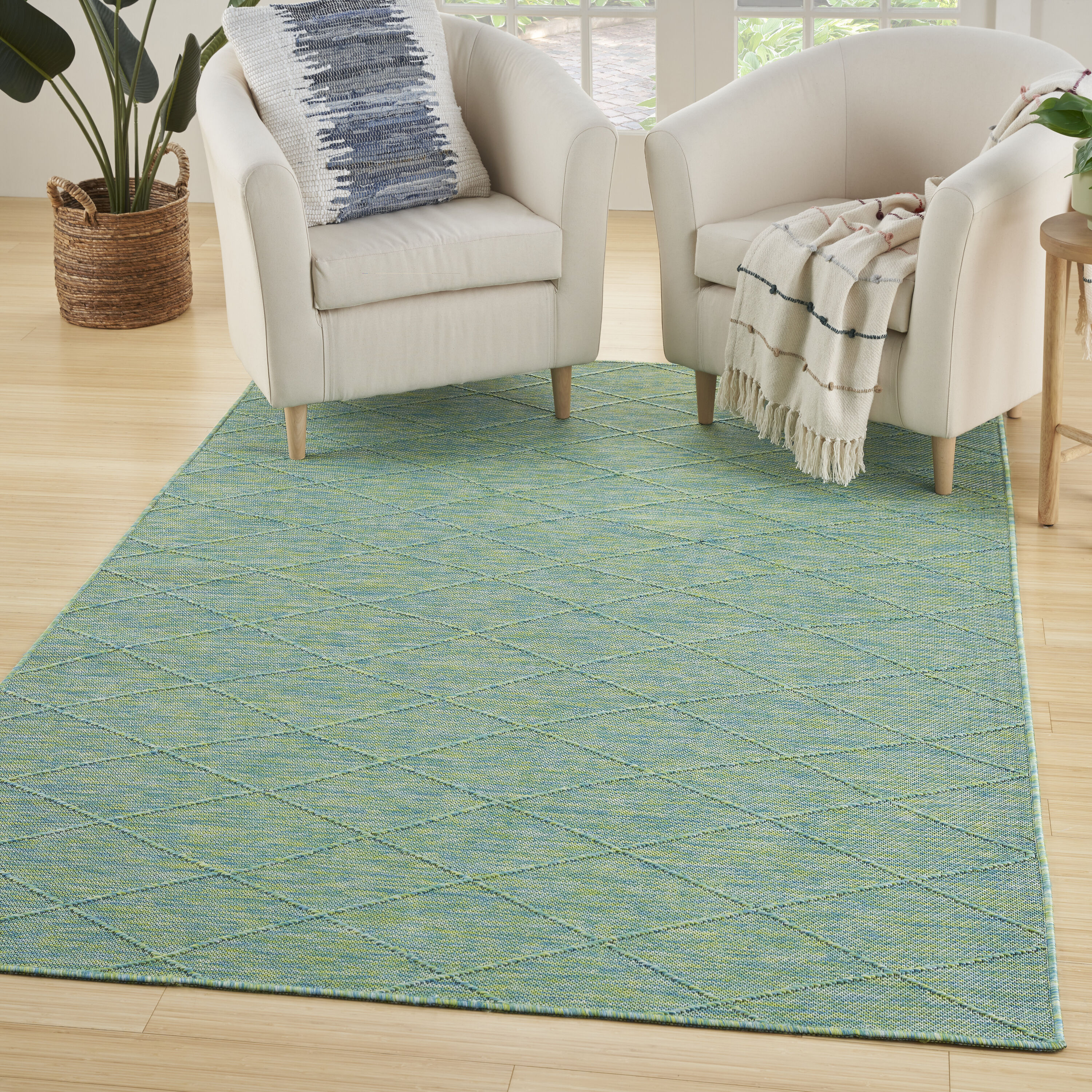 Nourison Home 099446939784 7 x 10 (ft) Loomed Polypropylene Blue Green Rectangular Indoor/Outdoor Geometric Machine washable Area rug