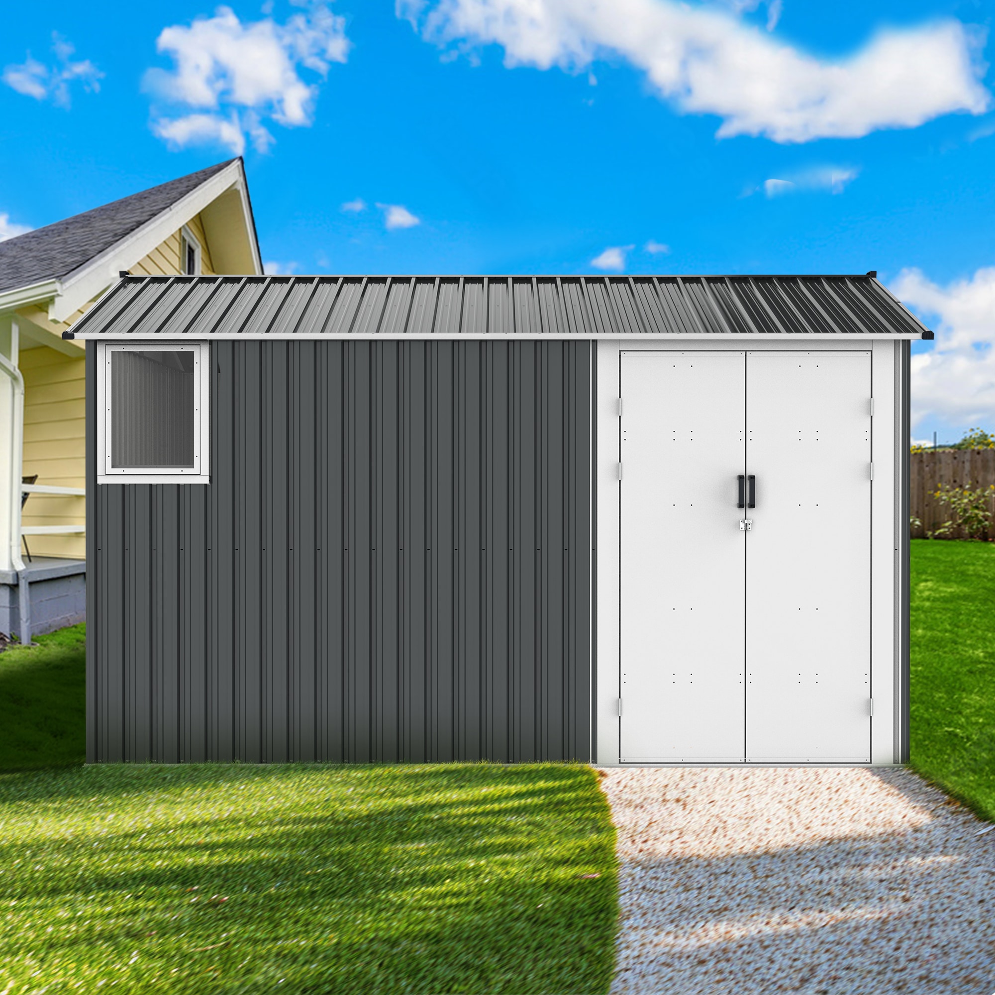 Tatayosi 8x12 Ft Metal Outdoor Storage Shed with Window Floor Base Air Vents and Double Hinged Door