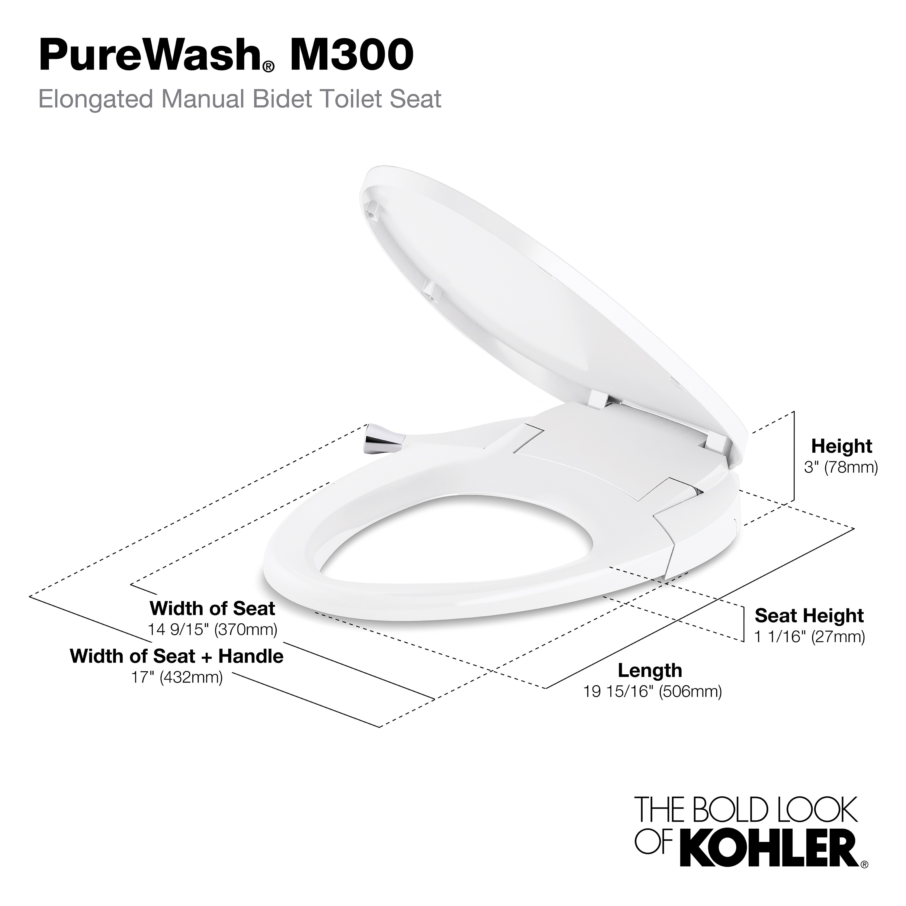 PureWash M300 White Elongated Manual Bidet Toilet Seat
