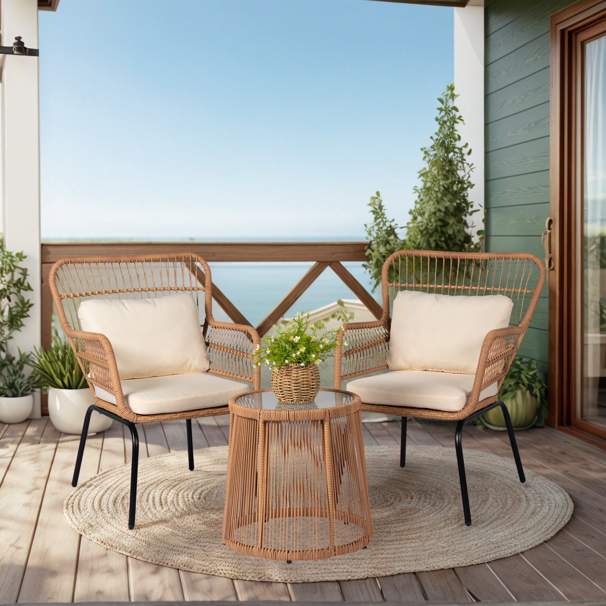 Grearden LS-NF020BG 3 -Piece Rattan Patio Conversation Set with Off-white Cushions