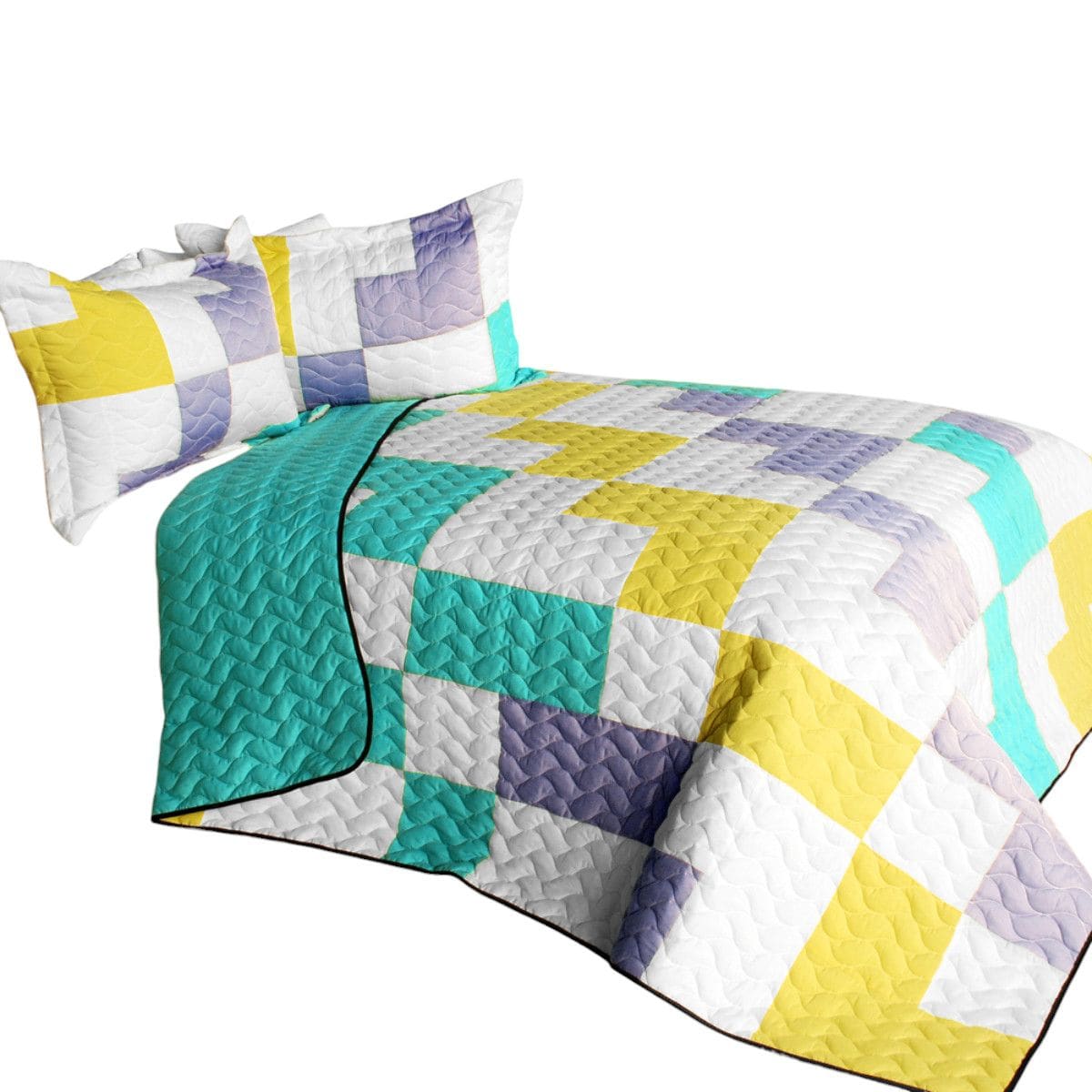Slickblue 3 Piece TC Fabric Vermicelli Quilted Patchwork Quilt Set Multicolor Full/Queen Reversible Stitch Design Quilt Set for Bedroom or Guest Room Use