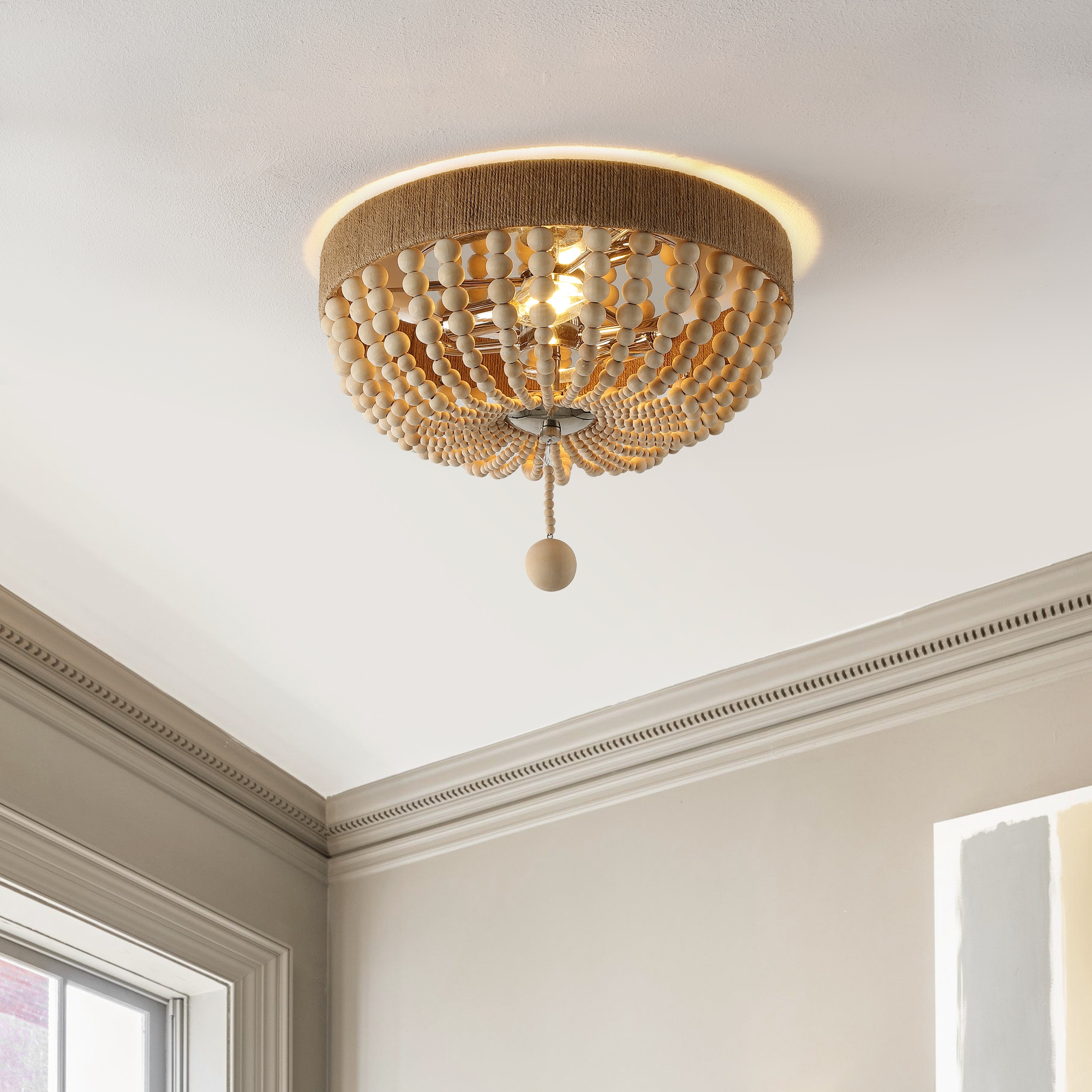 Rustic Farmhouse 14" Chrome Drum LED Flush Mount with Wood Bead Shade