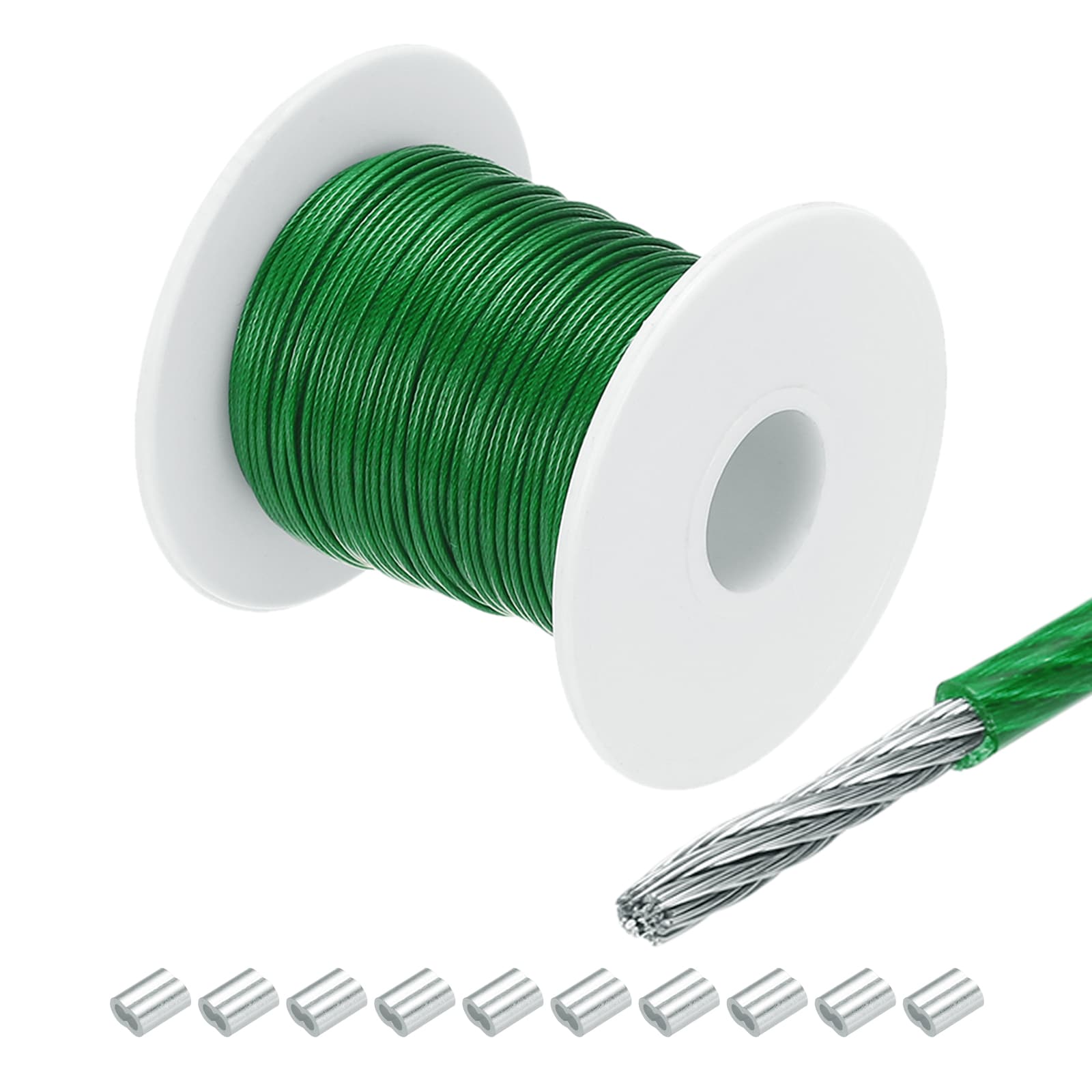 Unique Bargains 100Ft(30M) Wire Rope 304 Stainless Steel Cable 5/64in(2mm) Vinyl Coated with 10pcs Aluminum Sleeves for Hanging Clotheslines Lifting Green