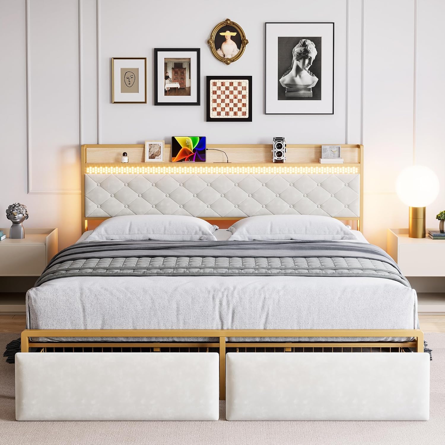 Qeetex LHF-BED-PHO-0YDYUNNH Full Bed Frame with RGB LED Lights Headboard and 2 Storage Drawers Storage Headboard Upholstered Platform Bed with USB Ports and Outlets Noise Free No Box Spring Needed Beige