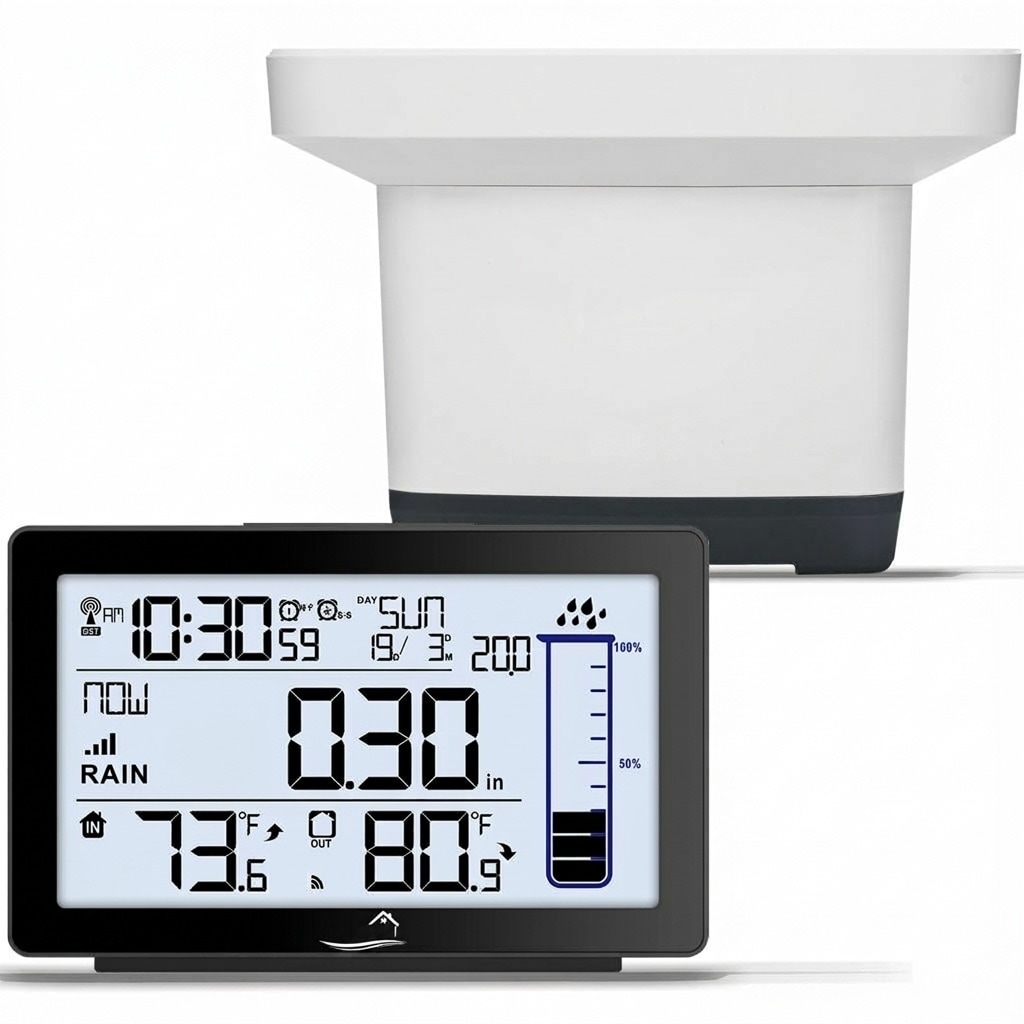 Justincity  Digital Rain Gauge Outdoor Wireless Self Emptying Rainfall Monitor with Thermometer Indoor Outdoor Display Programmable Alarm Blue