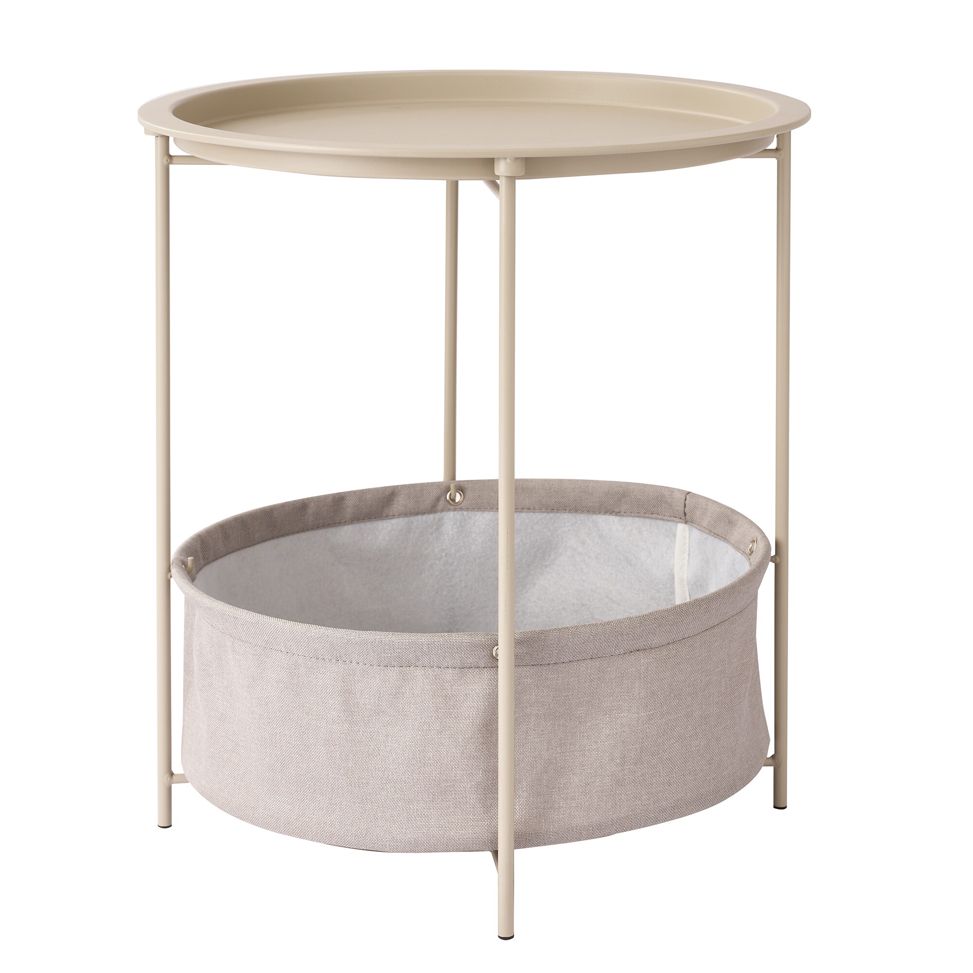 Vecelo Metal Round Side Table Anti-Rust End Table with Fabric Storage Basket And Removable Tray Top Beige Nightstand