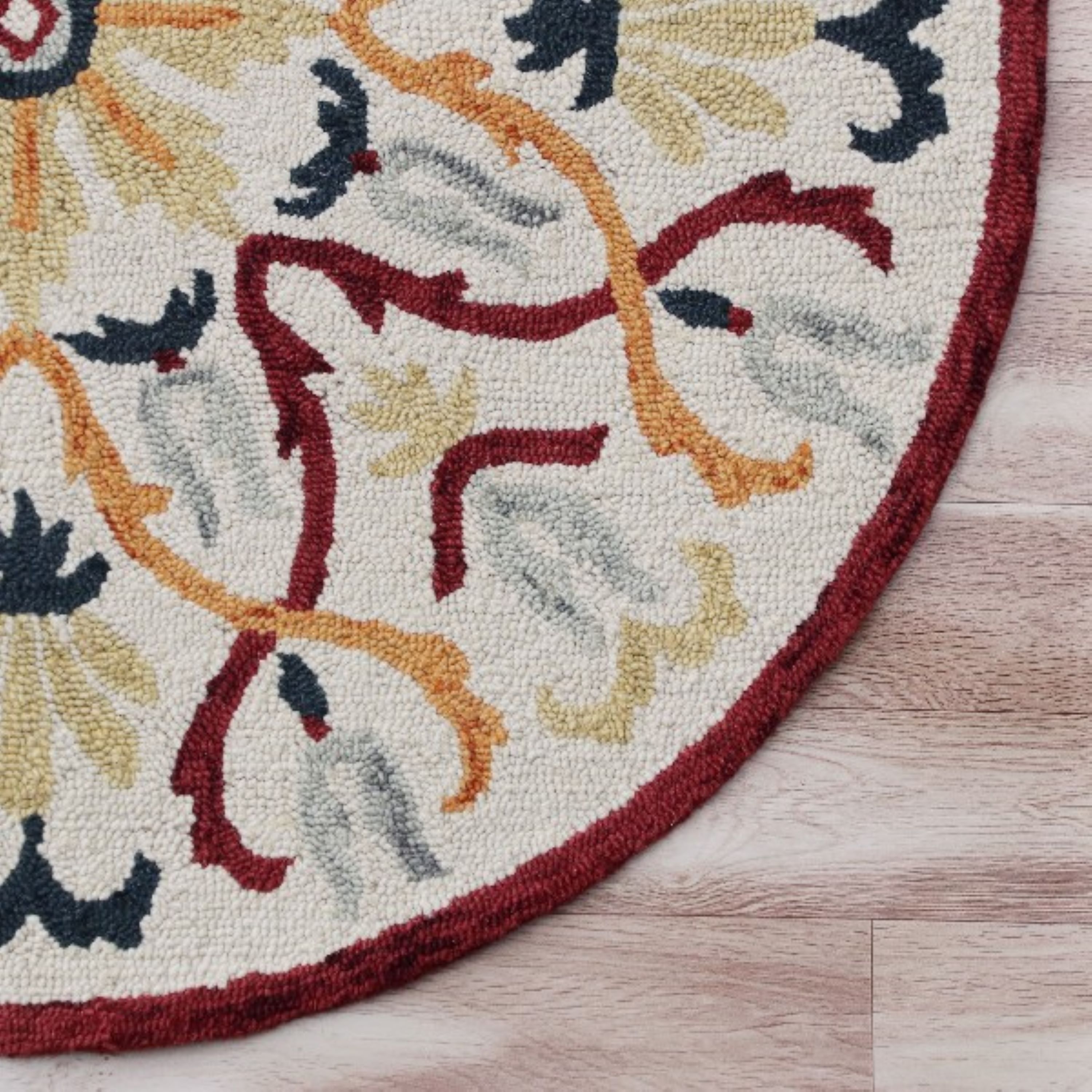 Handmade Red and Yellow Floral Wool Round Rug, 4 ft.