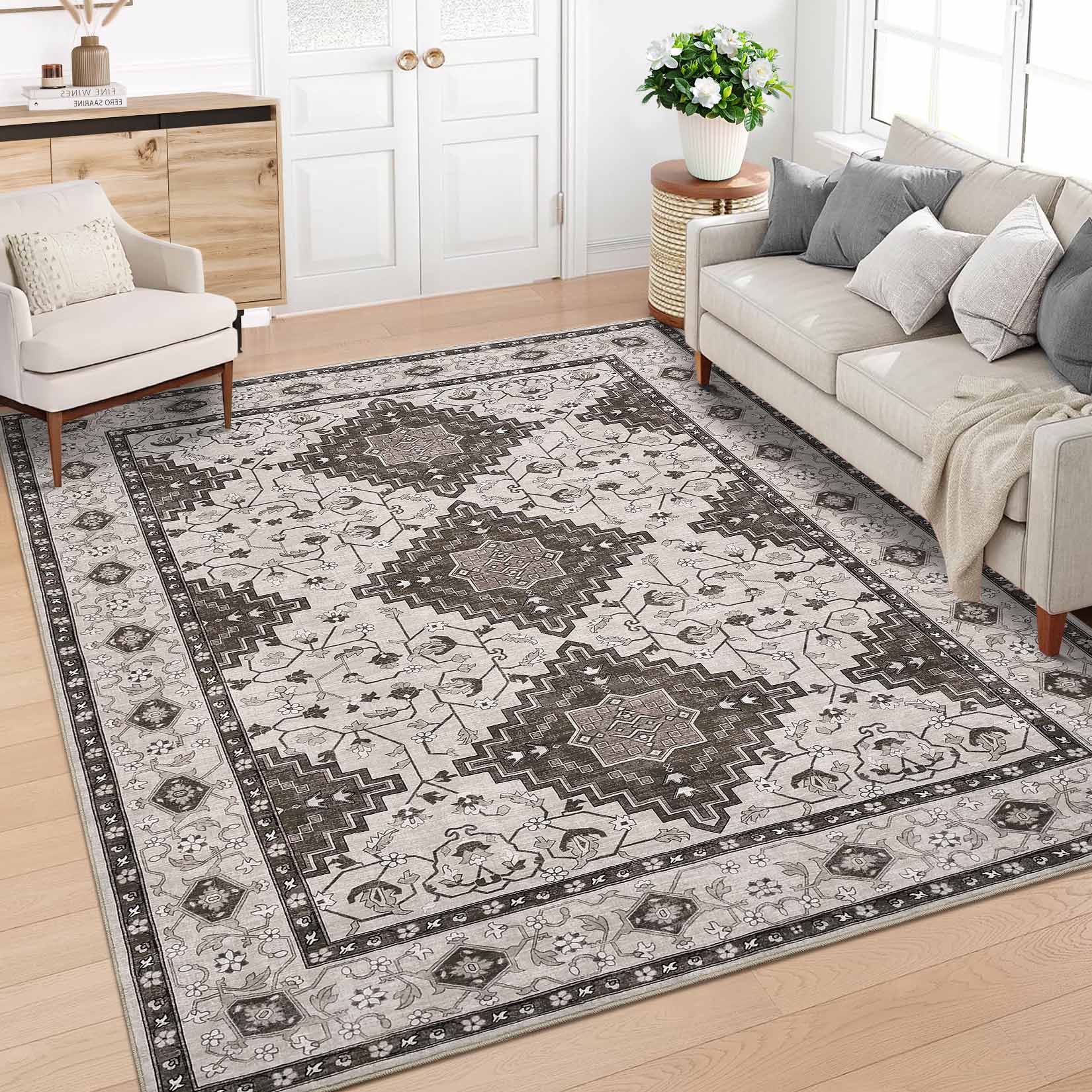 Garvee YXY-LO-PHO-16N2BKPP 9 x 12 (ft) Loomed Brown Rectangular Indoor Floral/Botanical Vintage Machine washable Pet Friendly Area rug